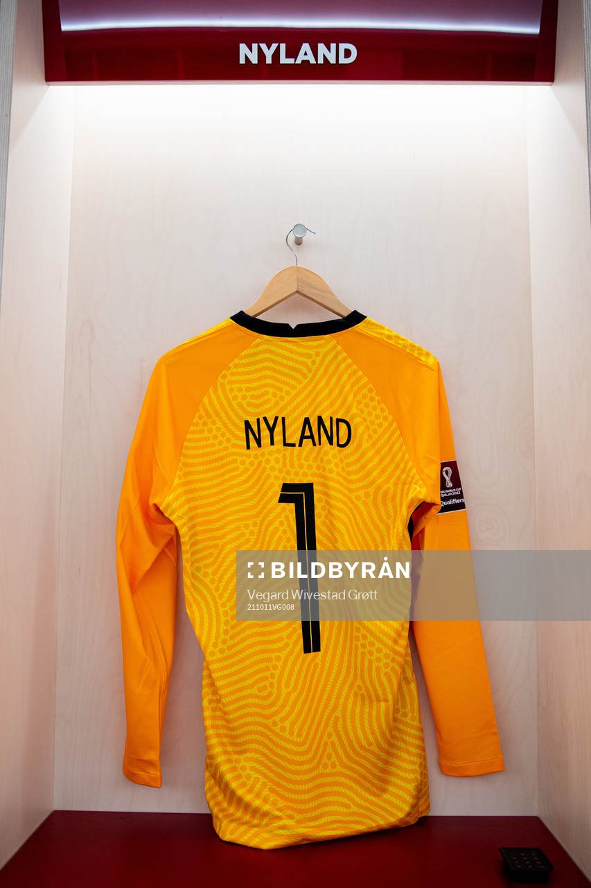 The kit of goalkeeper Ørjan Håskjold Nyland of Norway in
