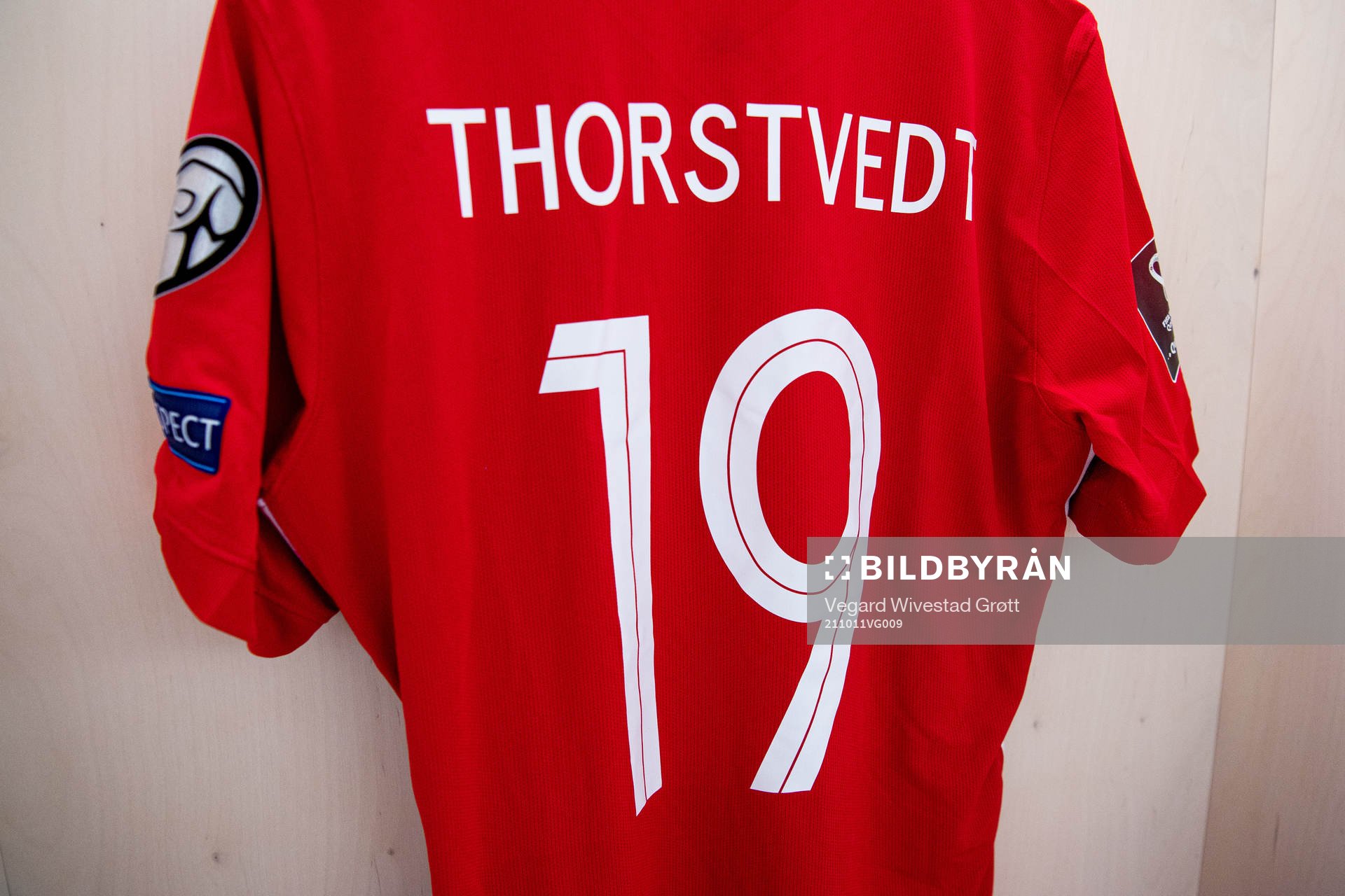 The kit of Kristian Thorstvedt of Norway in the dressing