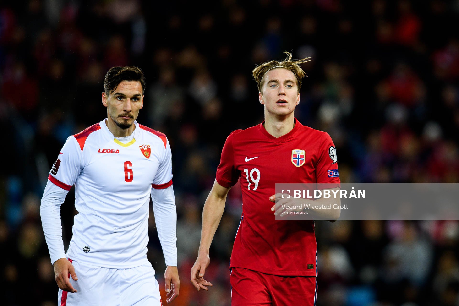 Zarko Tomasevic of Montenegro and Kristian Thorstvedt of Norway during the FIFA World Cup Qualifier football match between Norway and Montenegro on October 11, 2021 in Oslo.