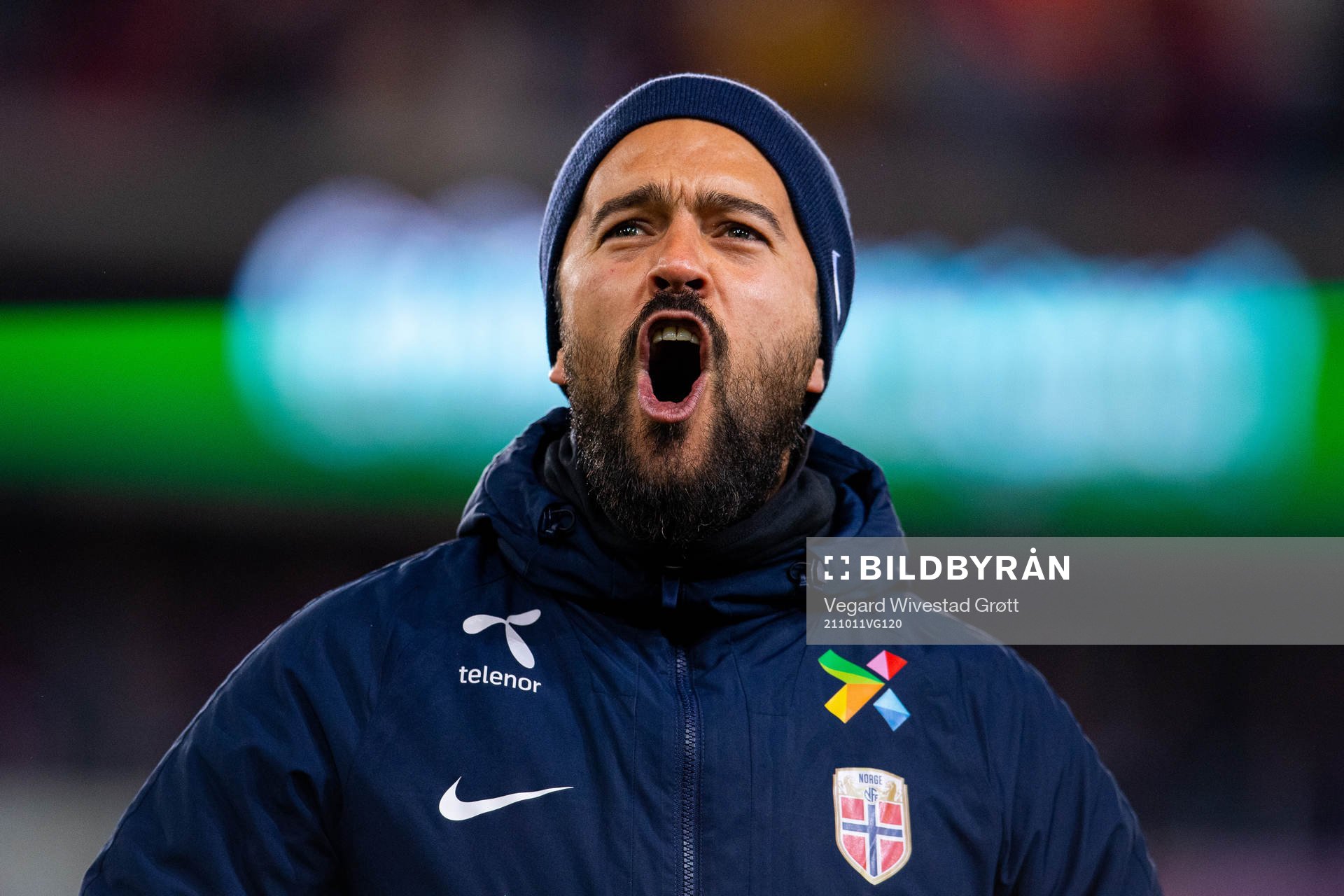 Bernardo Cueva, tactical statistician of Norway, celebrates after the FIFA World Cup Qualifier football match between Norway and Montenegro on October 11, 2021 in Oslo.