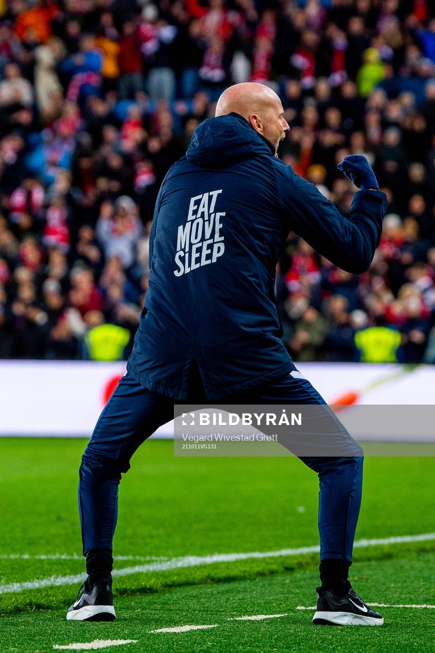 Ståle Solbakken, head coach of Norway, celebrates at the