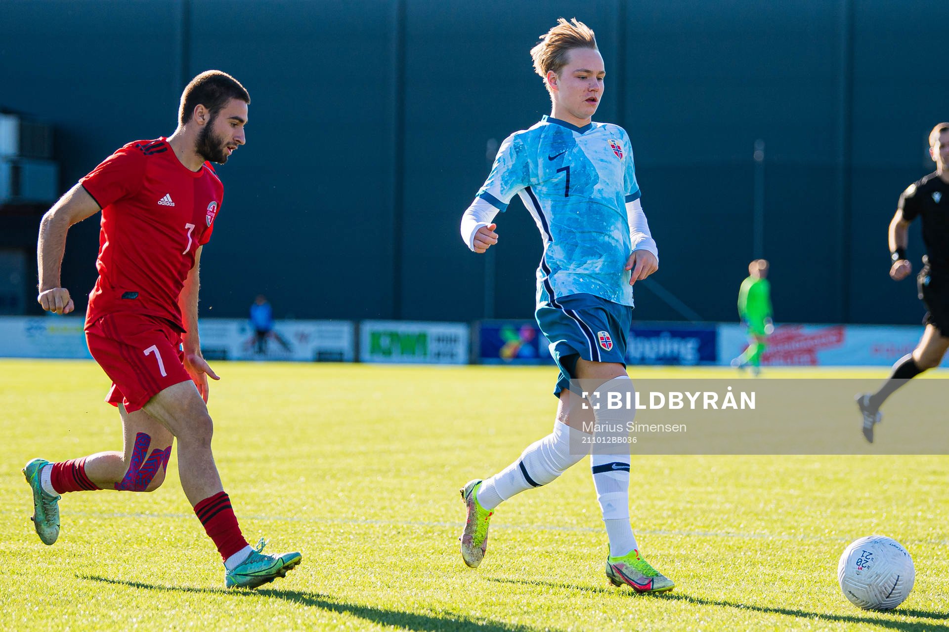Giorgi Gvishiani of Georgia and Andreas Rædergård Schjelderup of Norway during the UEFA Euro Under-18 Qualifier football match between Norway and Georgia on October 12, 2021 in Larvik.