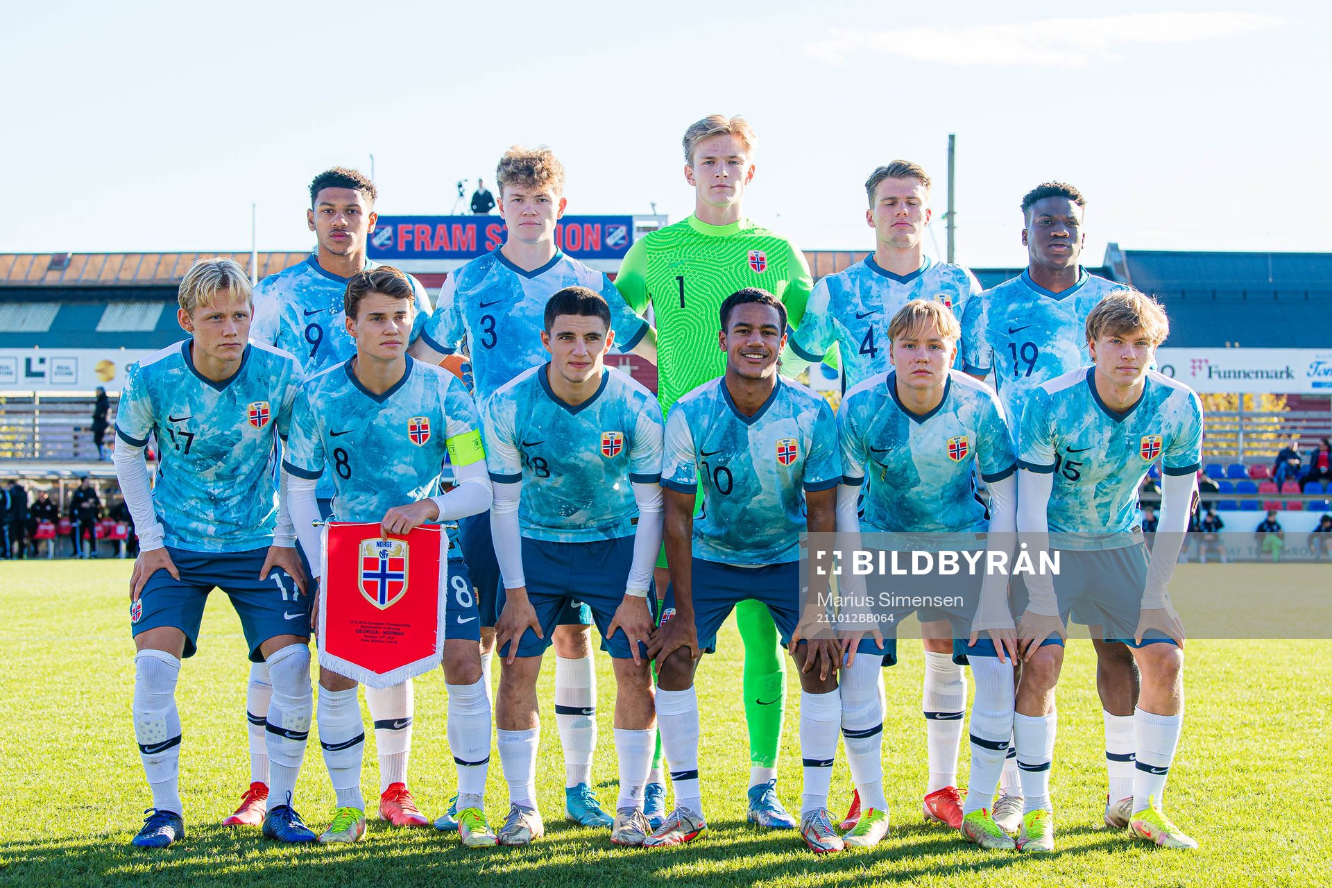The starting eleven of Norway U-18, from the top left; Bryan Solhaug Fiabema, Max Normann Williamsen, Isak Midttun Solberg, Leo Fuhr Hjelde, Seedy Jatta, Andreas Rædergård Schjelderup, Kristian Fredrik Malt Arnstad, Christos Zafeiris, Oscar Bobb, Andreas Rædergård Schjelderup and Odin Thiago Holm of Norway poses for a team group photo ahead of the UEFA Euro Under-18 Qualifier football match between Norway and Georgia on October 12, 2021 in Larvik.
