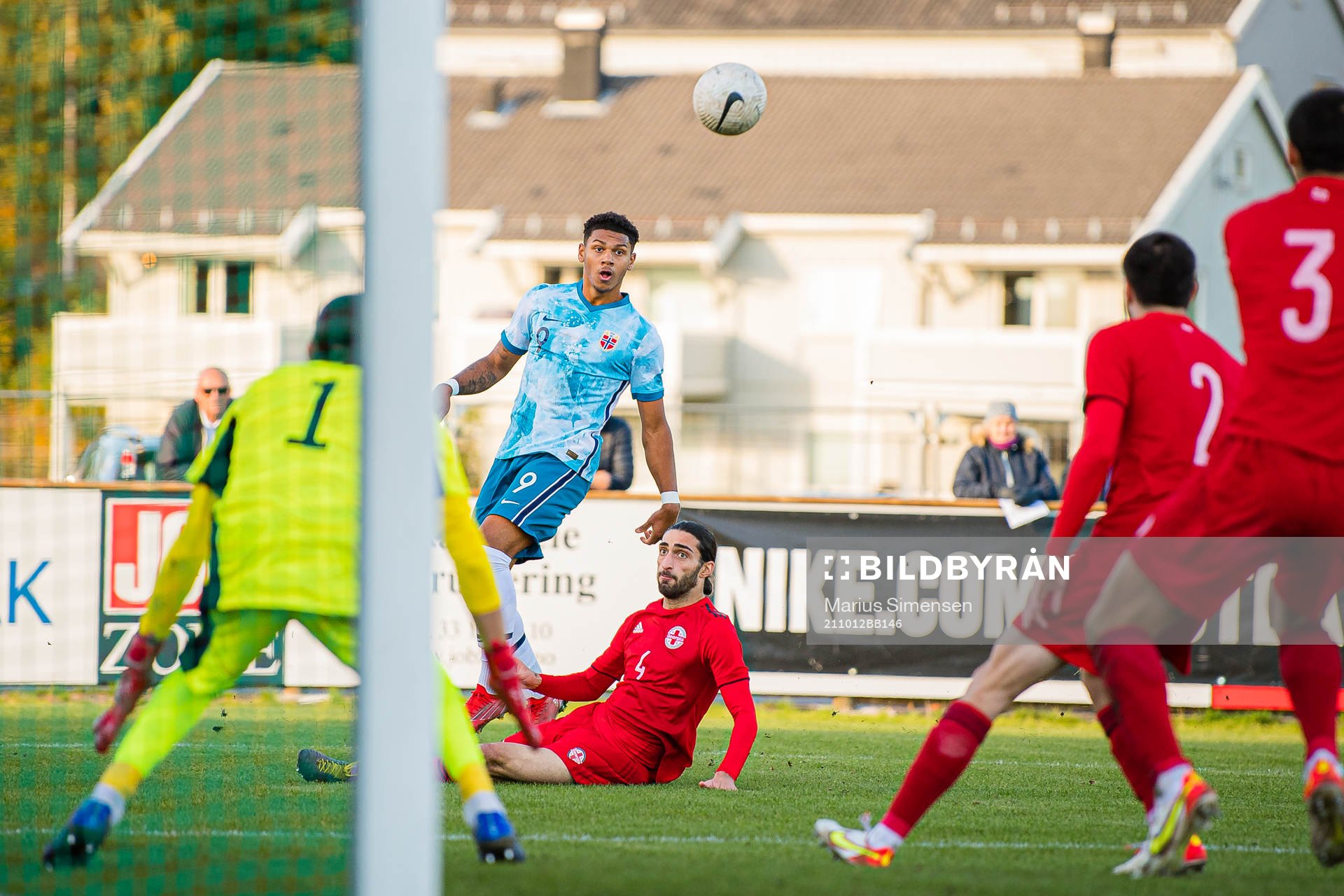 Bryan Solhaug Fiabema of Norway and Giorgi Pirtakhia of Georgia during the UEFA Euro Under-18 Qualifier football match between Norway and Georgia on October 12, 2021 in Larvik.