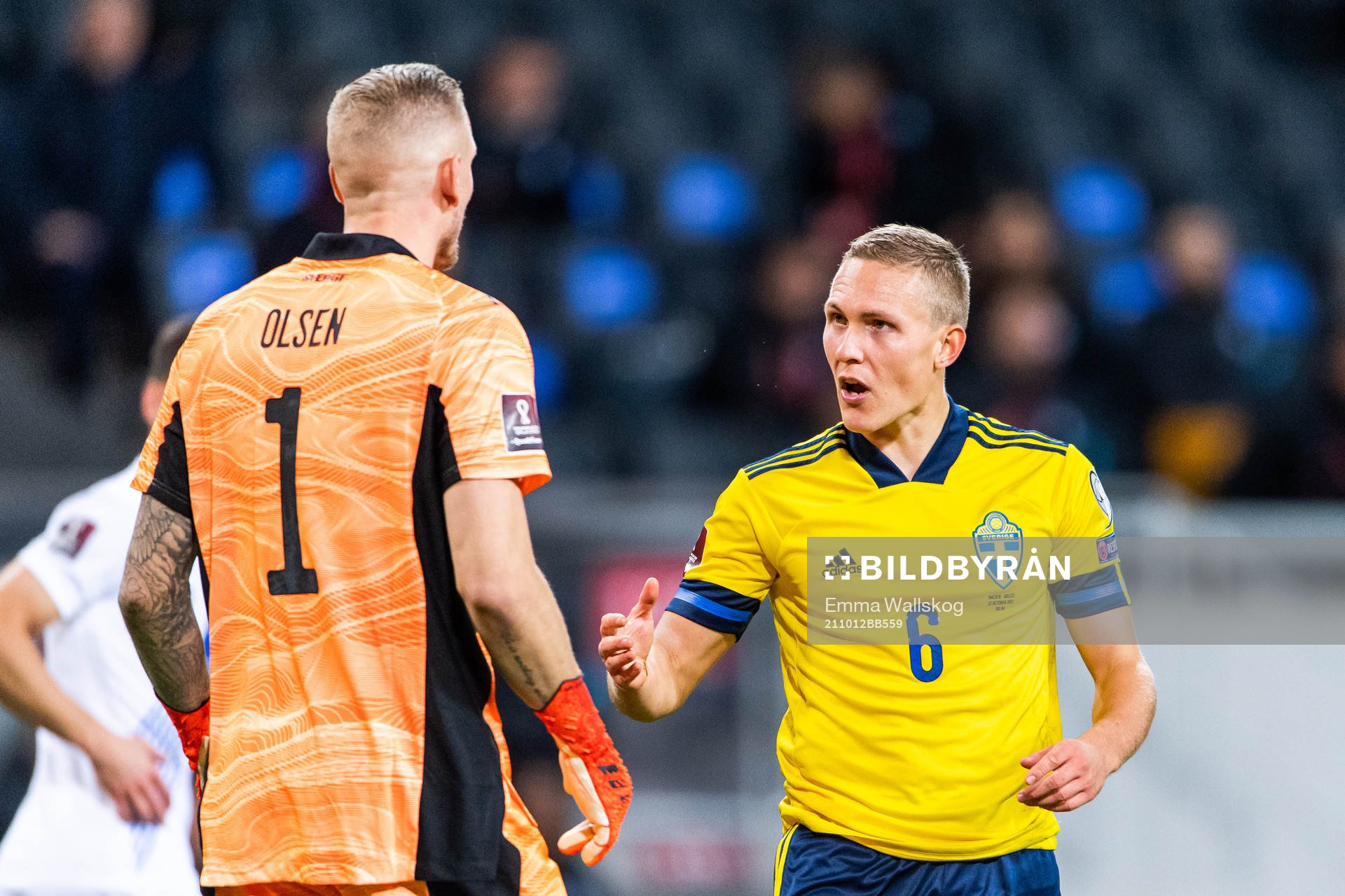 Goalkeeper Robin Olsen and Ludwig Augustinsson of Sweden