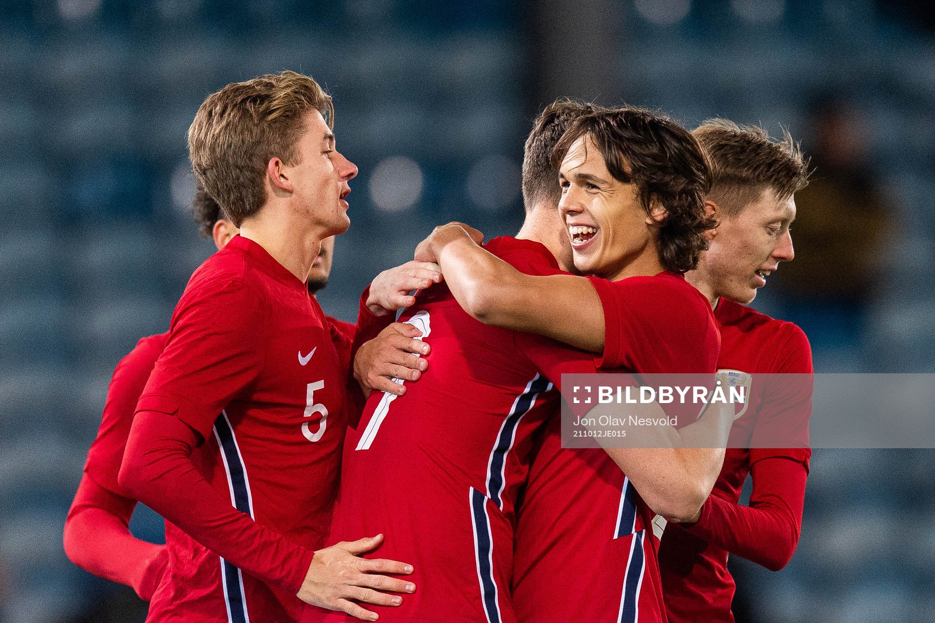 Henrik Heggheim, Jørgen Larsen and Martin Njøten Palumbo of Norway celebrate after 2-0 during the UEFA Euro Under-21 Qualifier football match between Norway and Estonia on October 12, 2021 in Drammen.