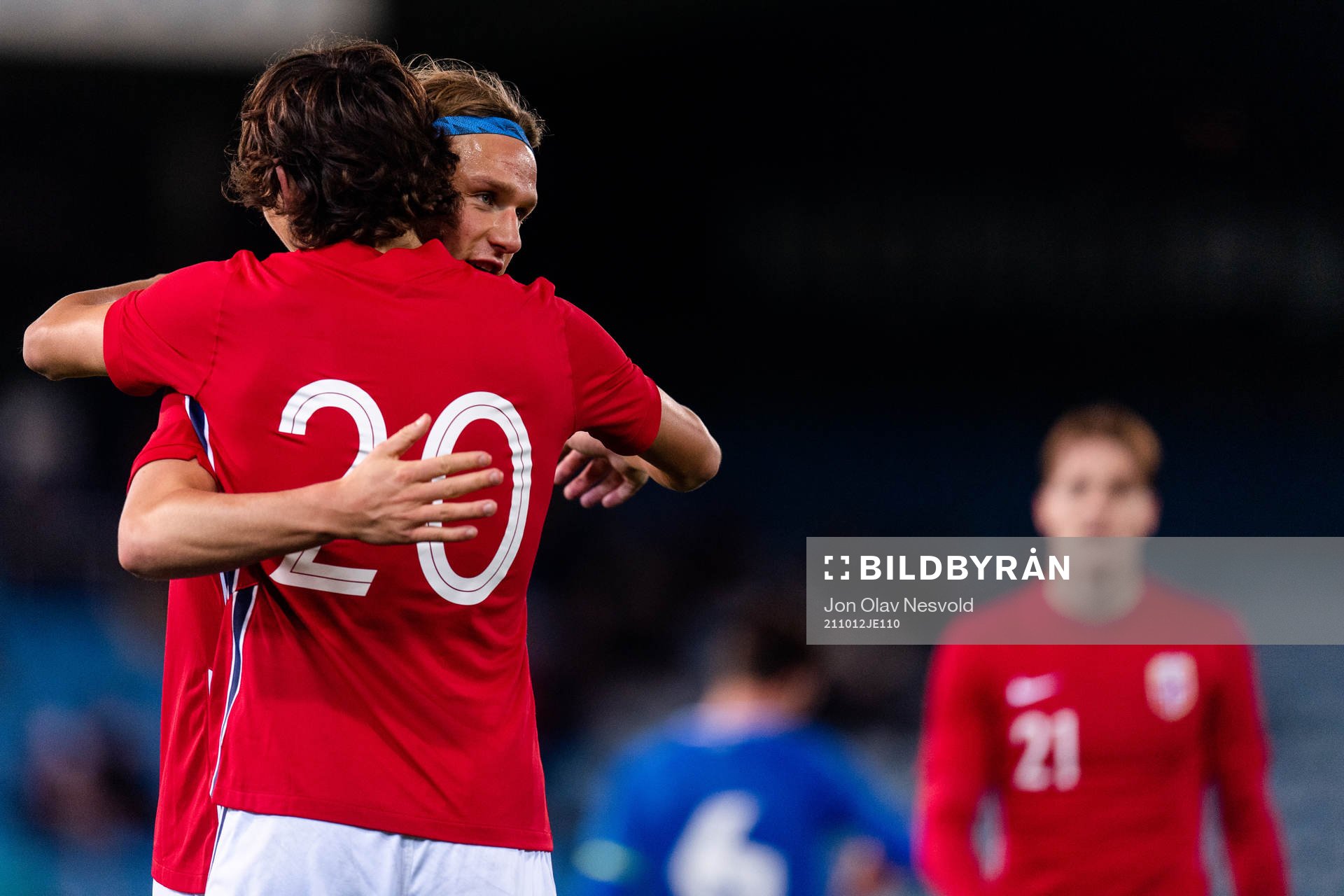 Martin Njøten Palumbo and Erik Botheim of Norway celebrate during the UEFA Euro Under-21 Qualifier football match between Norway and Estonia on October 12, 2021 in Drammen.