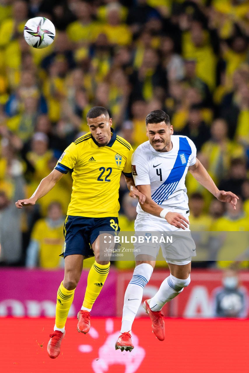 Robin Quaison of Sweden and Konstantinos Mavropanos of