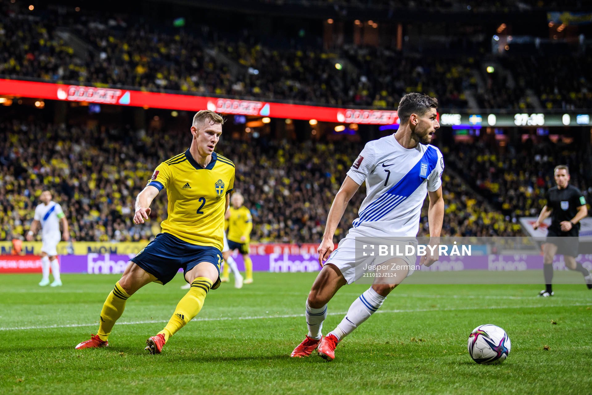 Emil Krafth of Sweden against Giorgos Masouras of Greece
