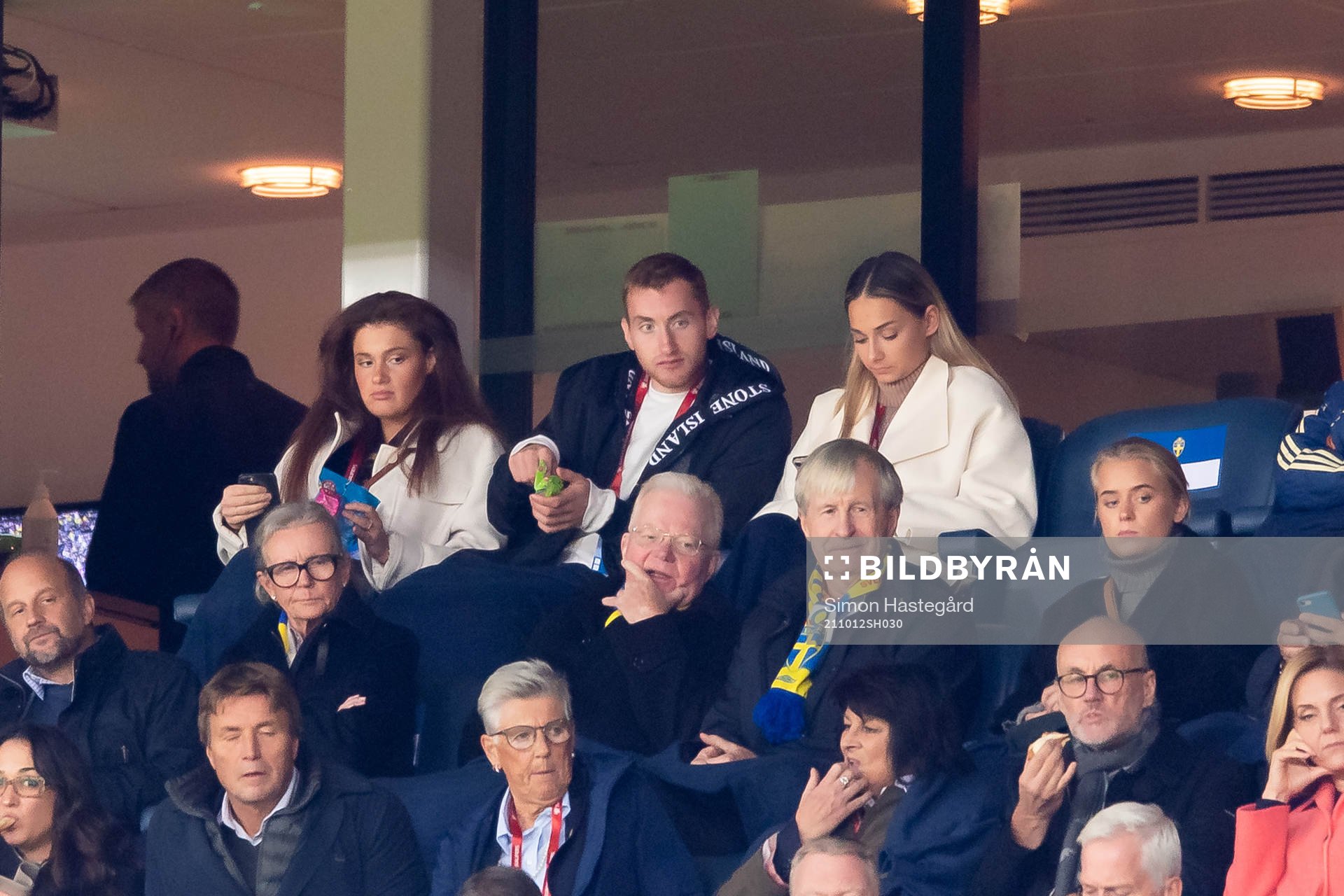Dejan Kulusevski of Sweden, businessmen Fredrik Lundberg and Carl Bennet and former politician Thomas Bodström in the stands during the FIFA World Cup Qualifier football match between Sweden and Greece on October 12, 2021 in Stockholm. 
