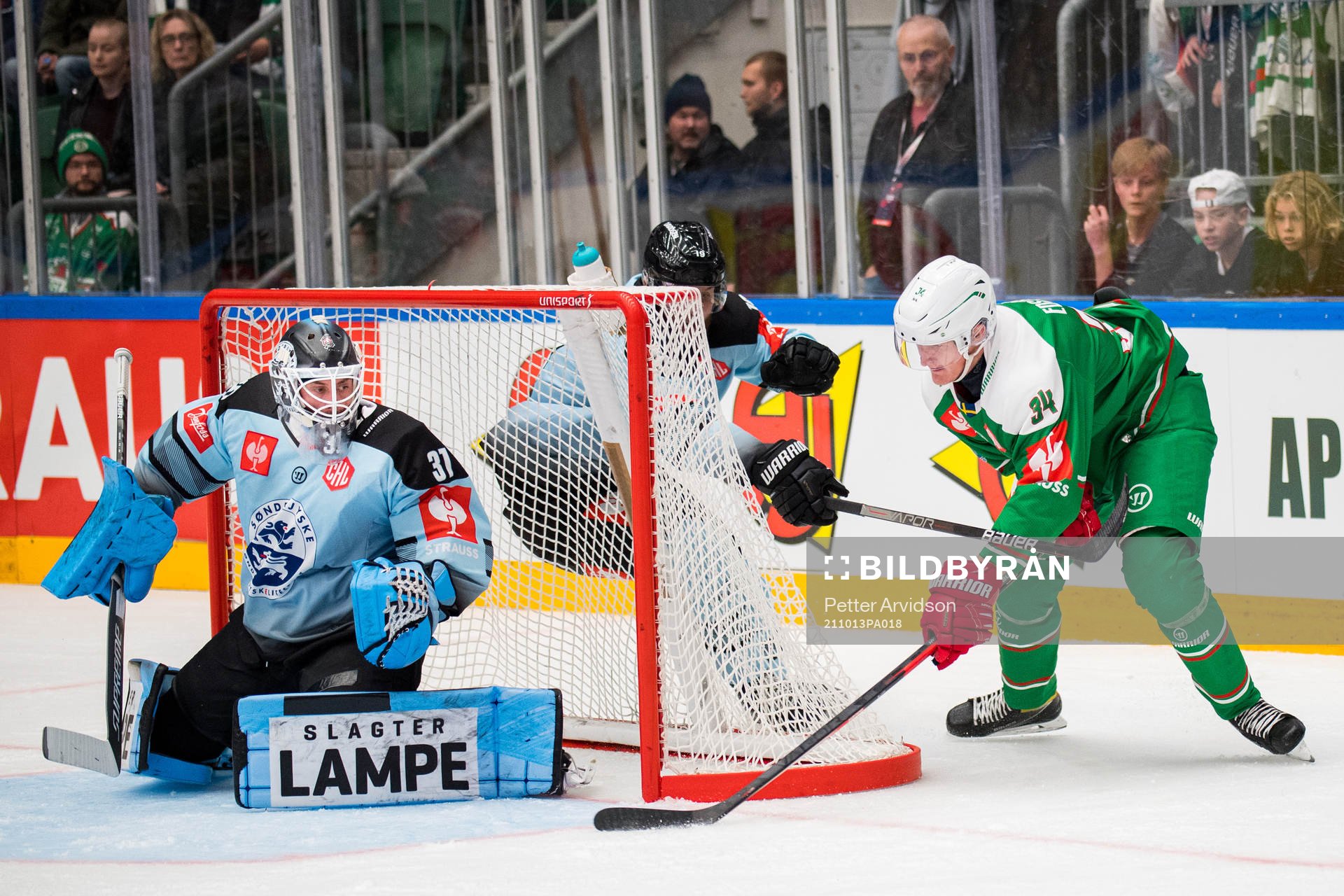 Adam Edström of Rögle against goalkeeper Patrick