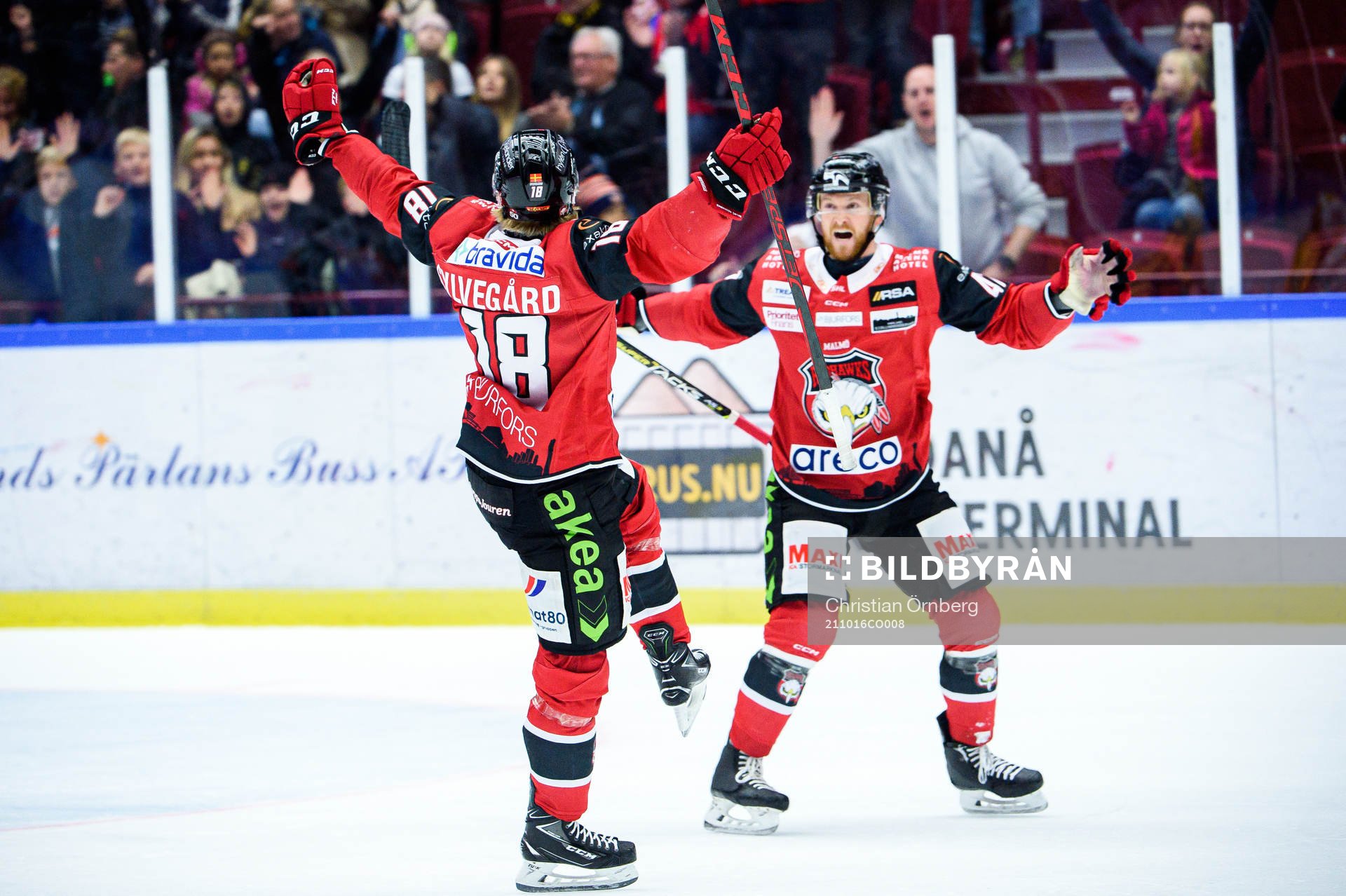 Malmö Redhawks Marcus Sylvegård och Joakim Ryan jublar