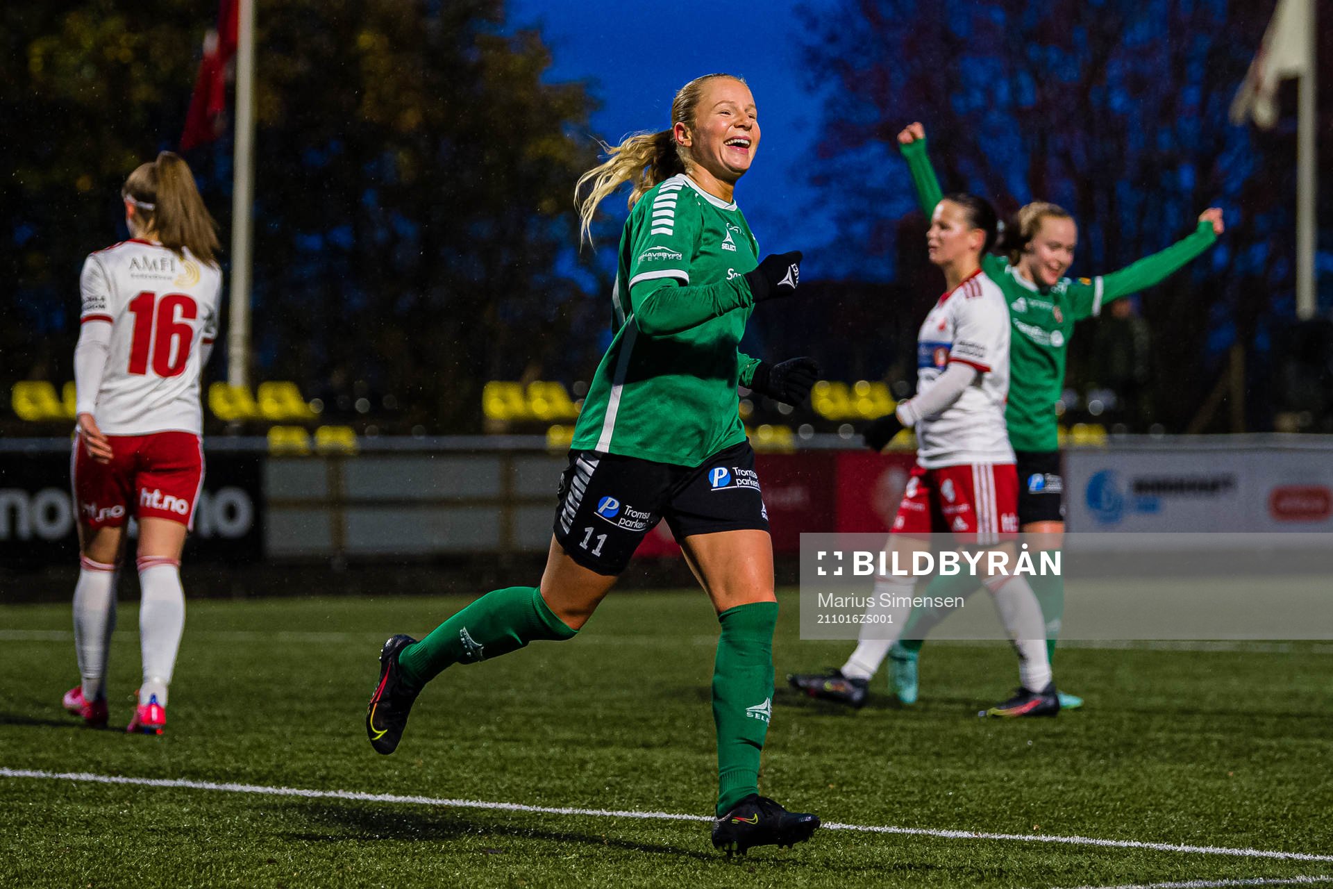 Sandra Rebecca Nikolaisen Simonsen of Fløya celebrates after scoring the 1-5 goal during the 1. division football match between Medkila and Fløya on October 16, 2021 in Harstad.