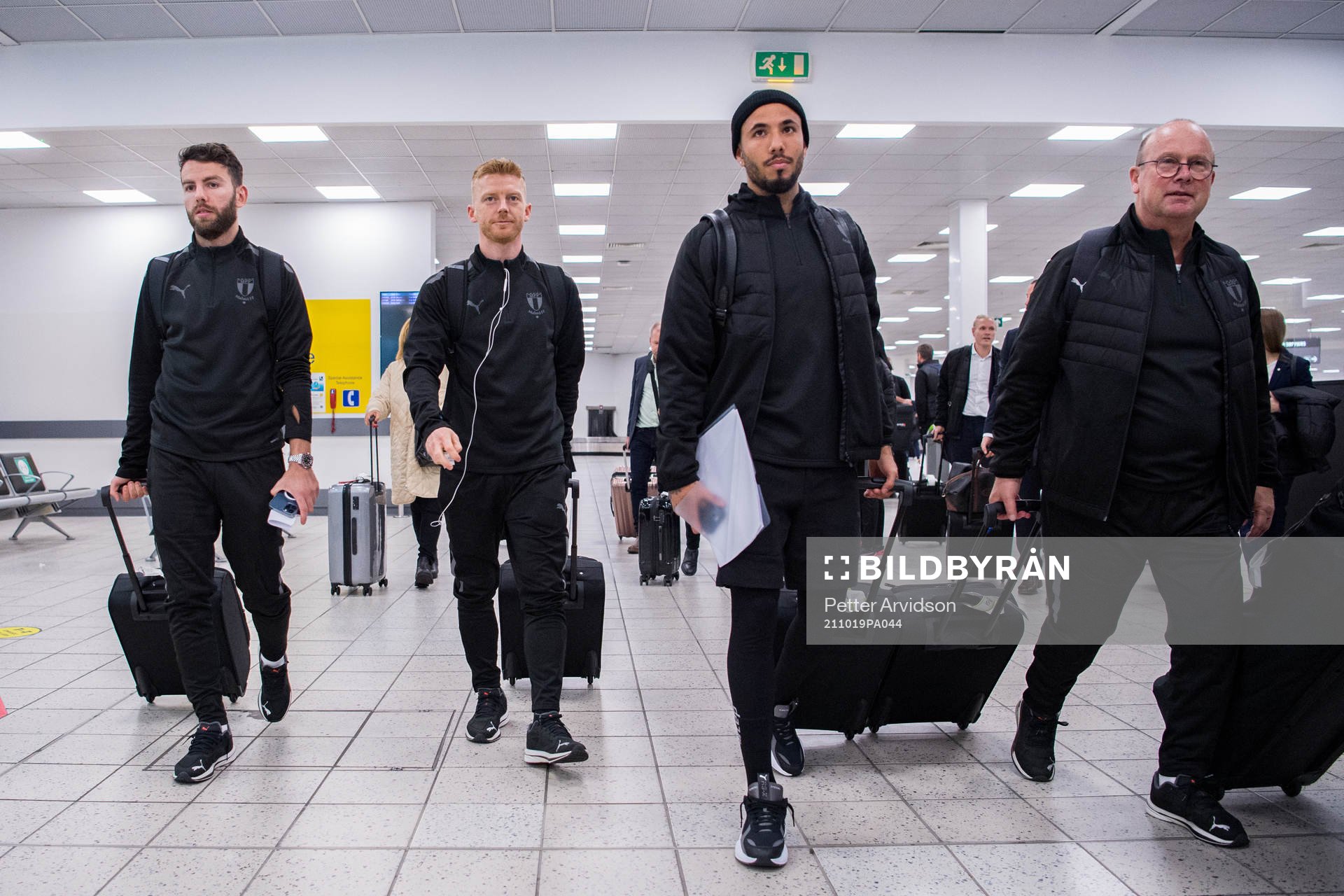 Erdal Rakip, Anders Christiansen and Sergio Pena of Malmö FF during the team travel from Malmö to London ahead of the UEFA Champions League match against Chelsea on October 19, 2021 in London.