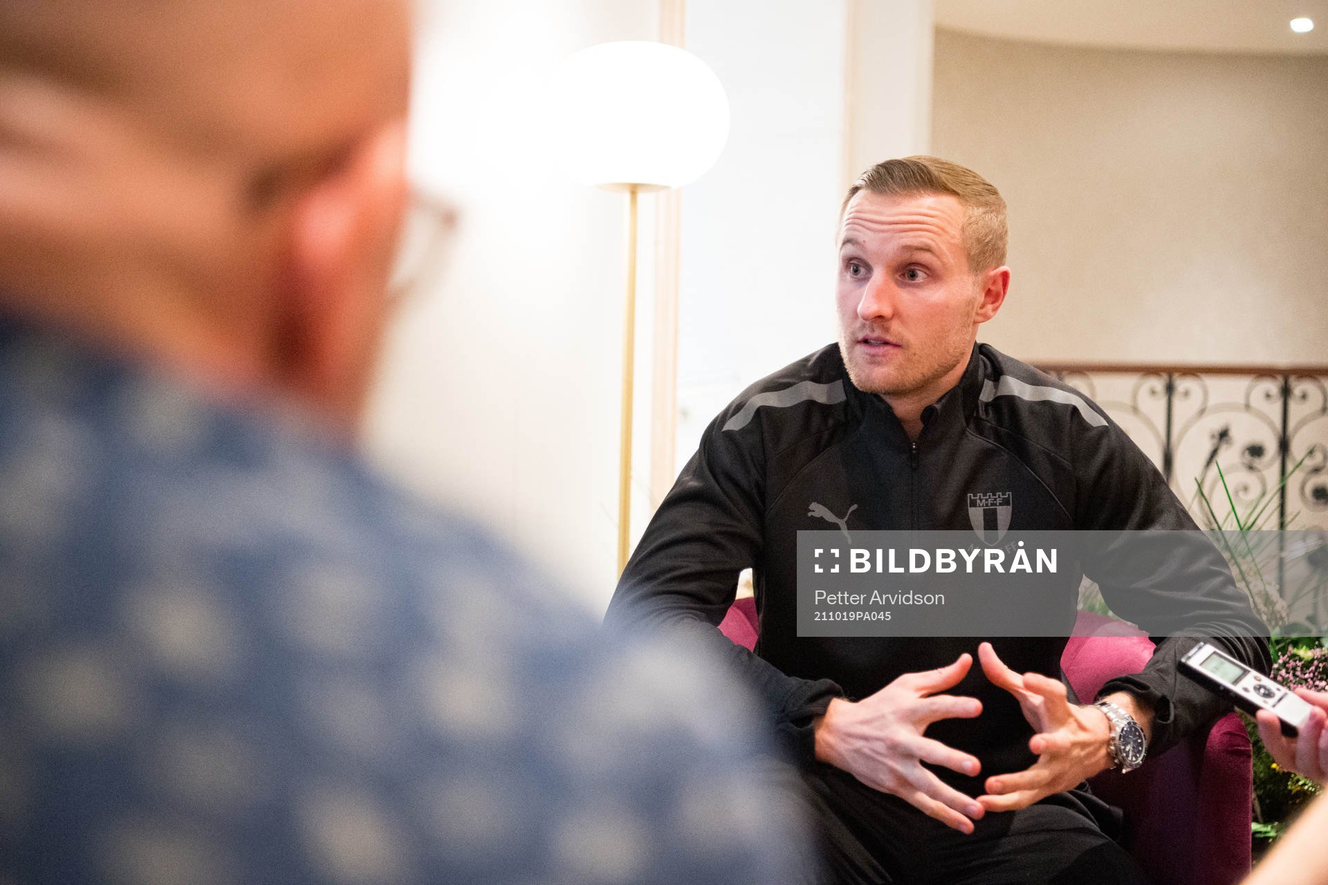 Franz Brorsson of Malmö FF is interviewed at the team hotel