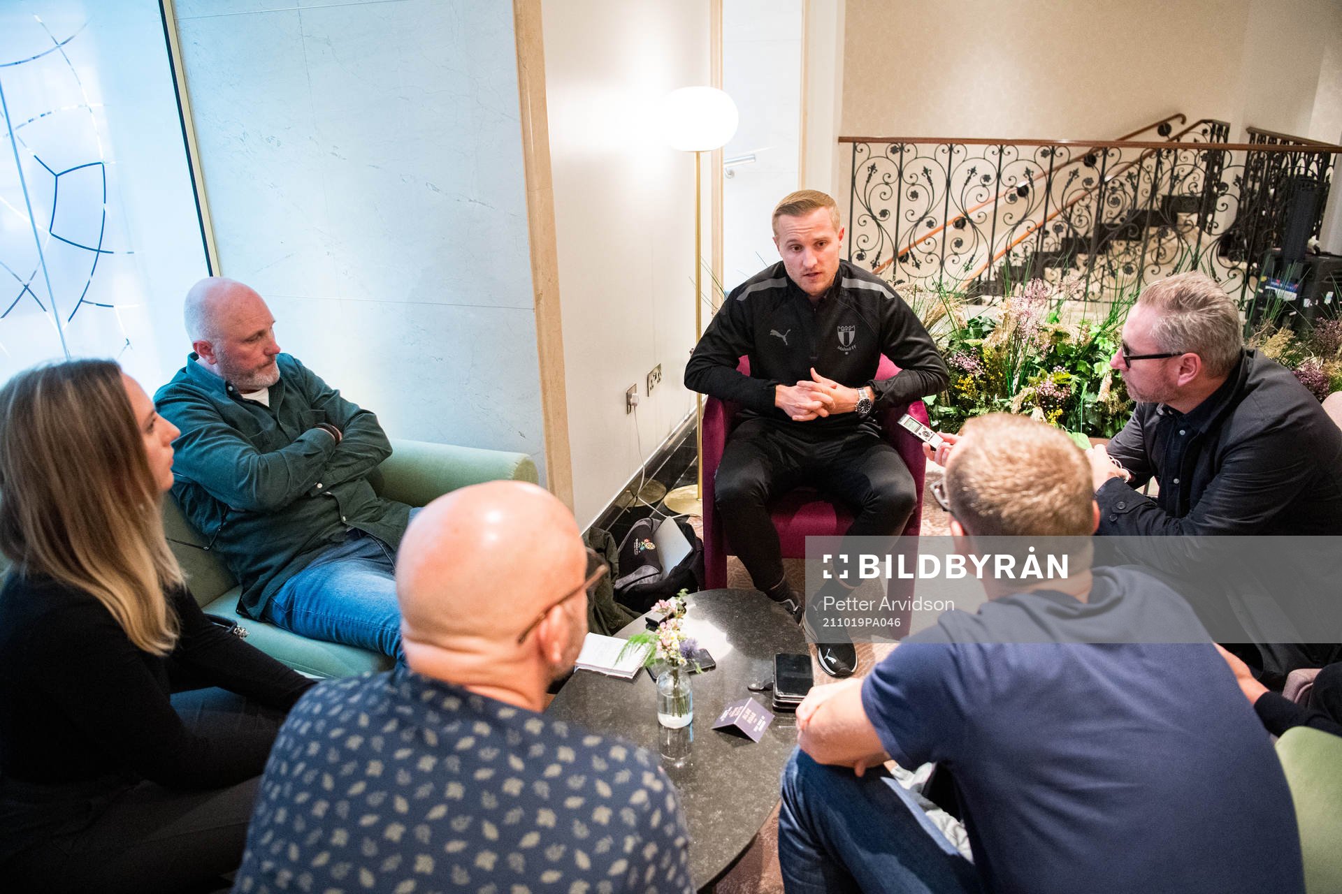 Franz Brorsson of Malmö FF is interviewed at the team hotel