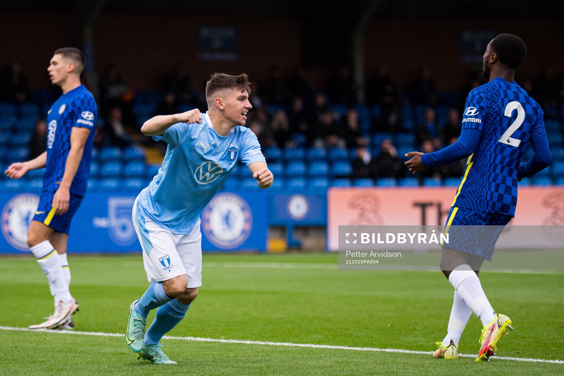 Isak Bjerkebo of Malmö FF celebrates after scoring the 0-1 goal during the UEFA Youth League match between Chelsea and Malmö FF on October 20, 2021 in London.