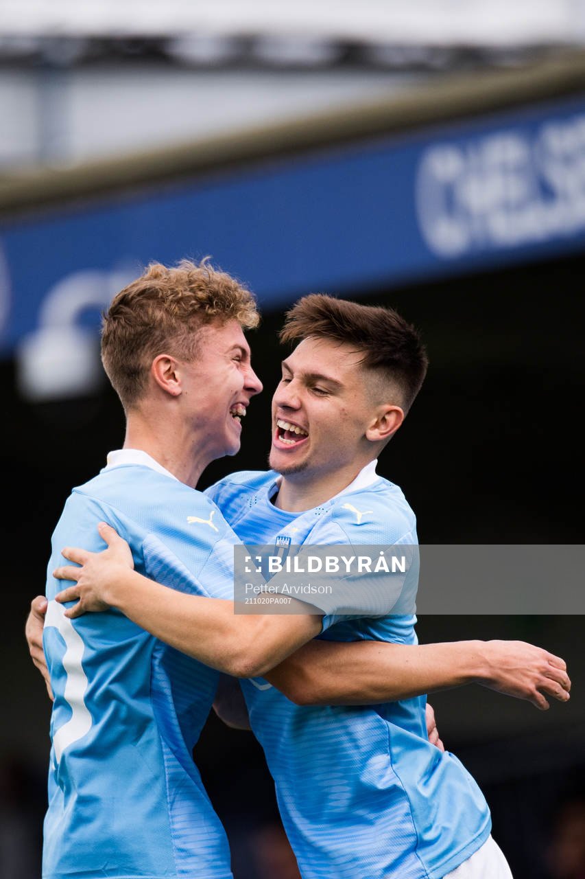 Isak Bjerkebo of Malmö FF (R) celebrate with Hugo Bolin (L)