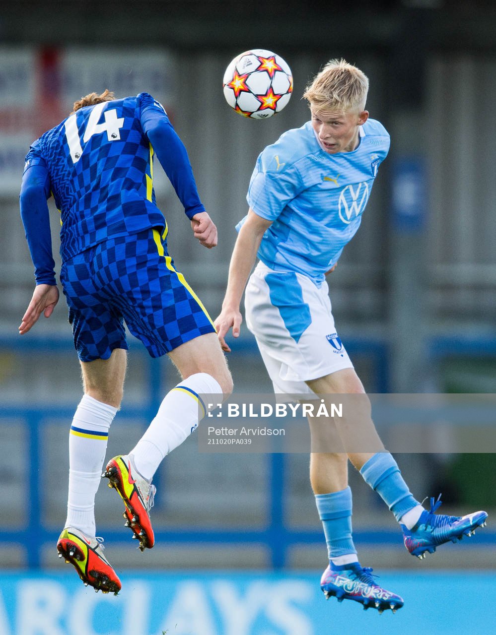 Brodi Hughes of Chelsea and Melker Widell of Malmö FF