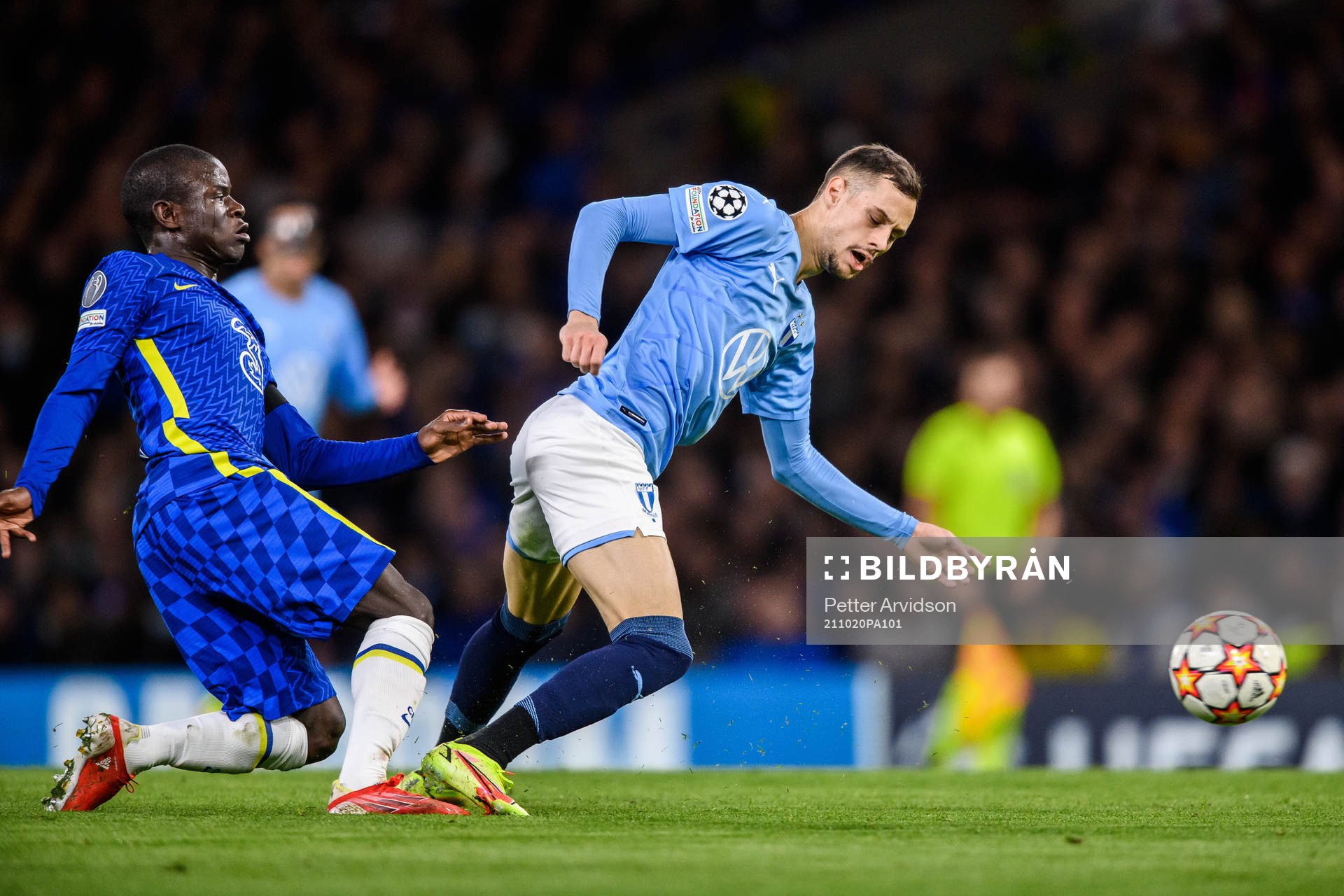 N'Golo Kante of Chelsea and Veljko Birmancevic of Malmö FF