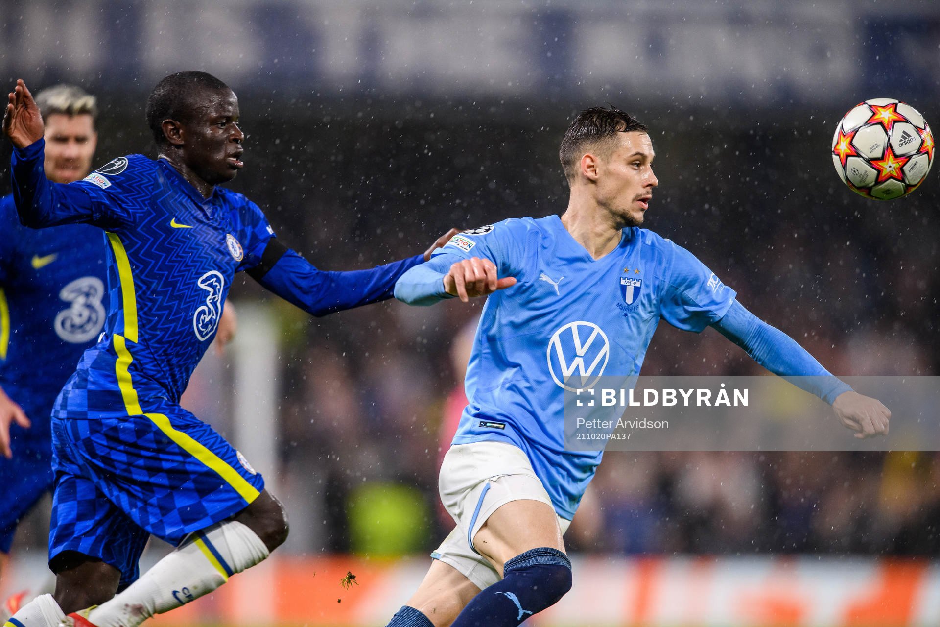 N'Golo Kante of Chelsea and Veljko Birmancevic of Malmö FF during the UEFA Champions League football match between Chelsea and Malmö FF on October 20, 2021 in London.