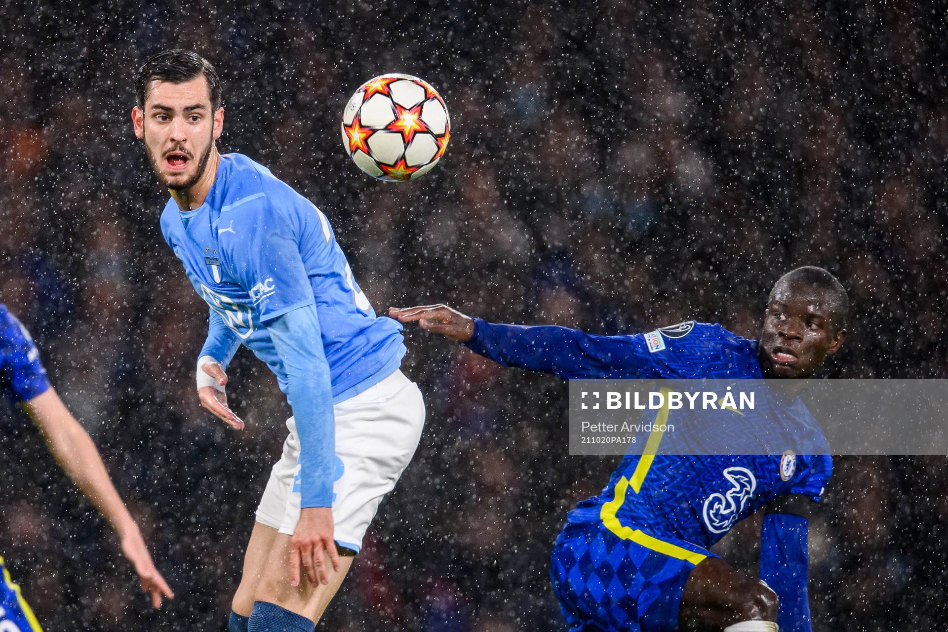 Adi Nalic of Malmö FF against N'Golo Kante of Chelsea