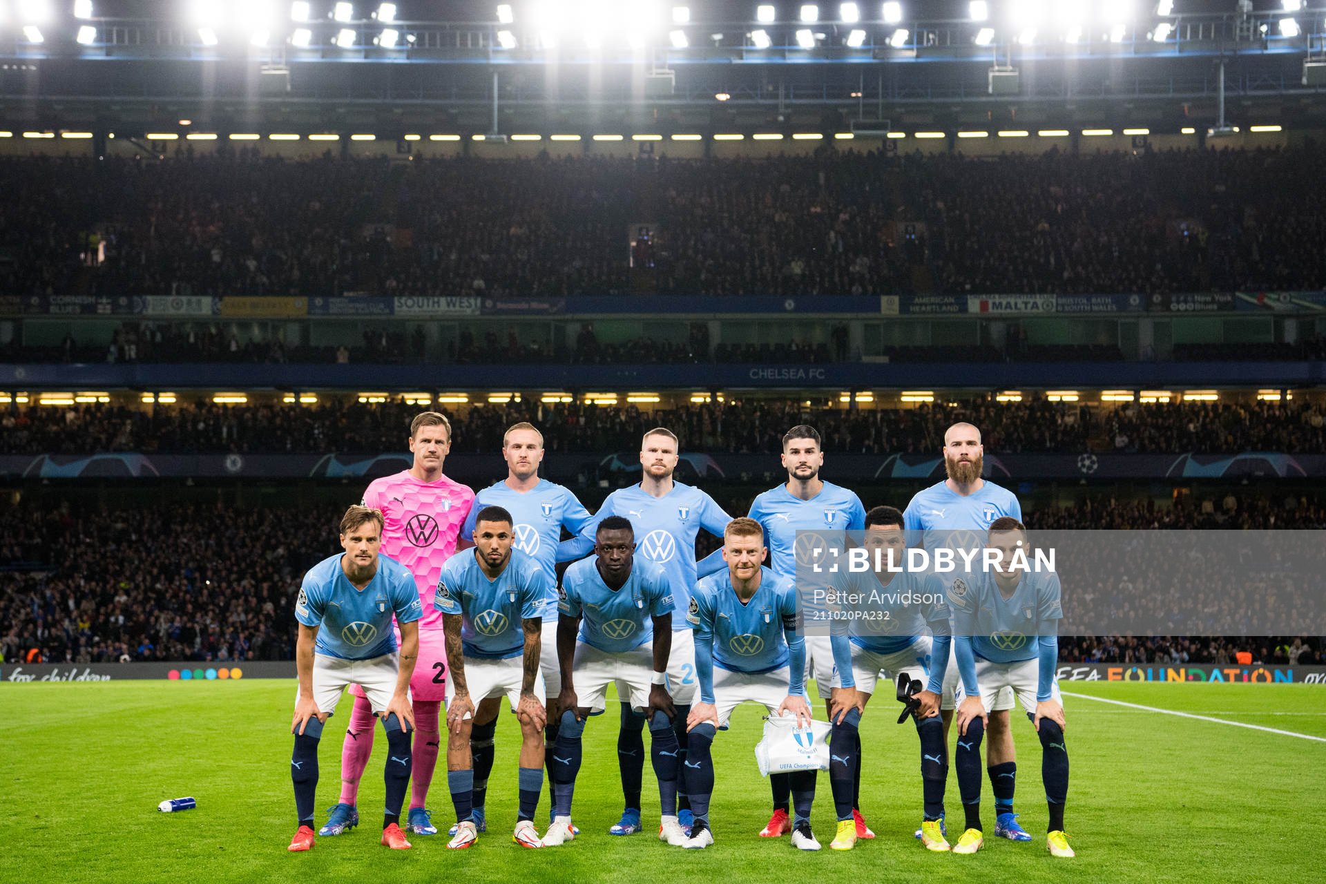 The starting eleven of Malmö FF pose for a team group photo. Top row from the left, goalkeeper Johan Dahlin, Franz Brorsson, Lasse Nielsen, Antonio Colak, Jo Inge Berget. Bottom row from the left, Eric Larsson, Sergio Pena, Bonke Innocent, Anders Christiansen, Martin Olsson and Veljko Birmancevic ahead of the UEFA Champions League football match between Chelsea and Malmö FF on October 20, 2021 in London.