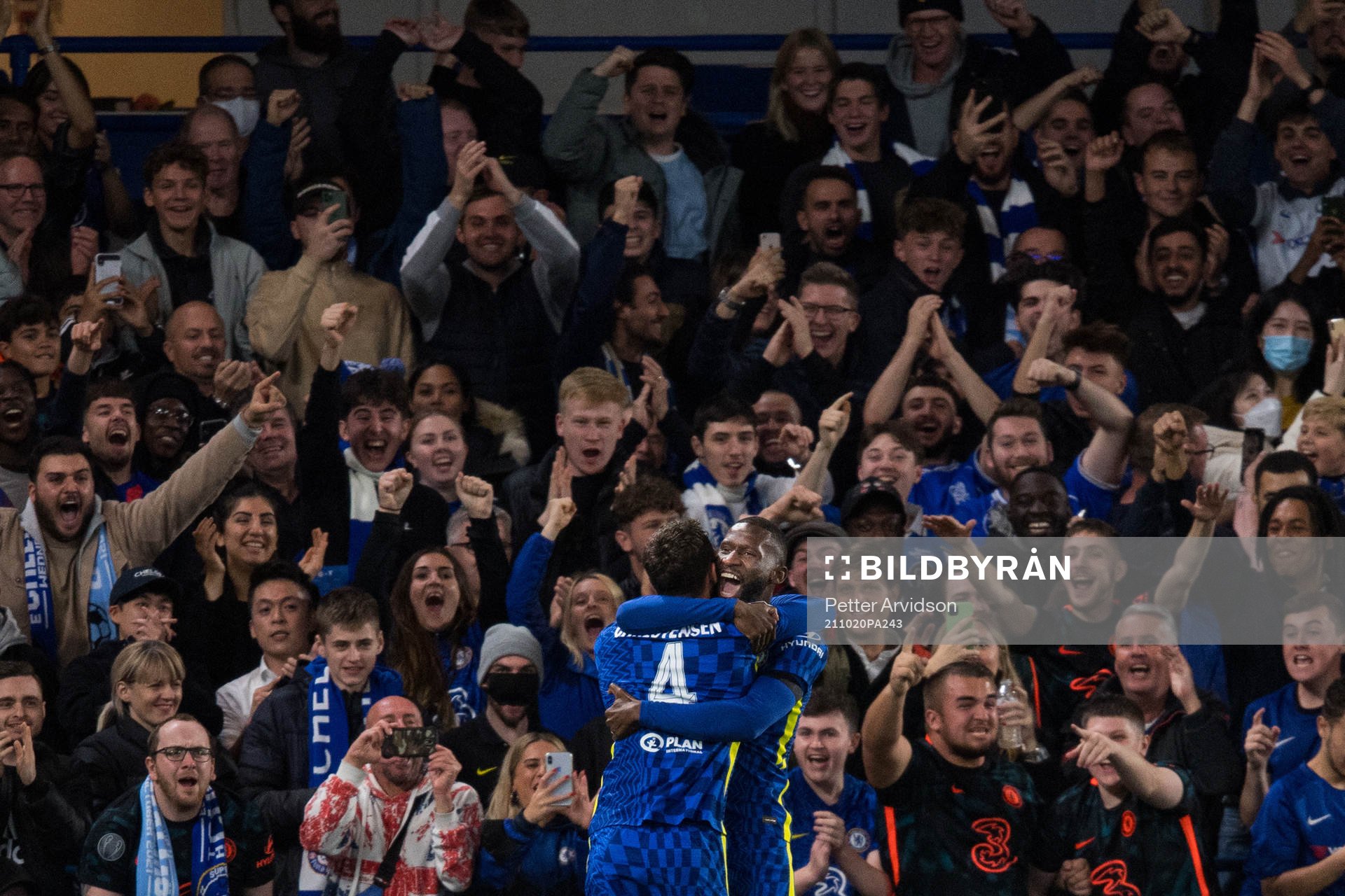 Andreas Christensen of Chelsea celebrates with Antonio Rudiger after scoring 1-0 during the UEFA Champions League football match between Chelsea and Malmö FF on October 20, 2021 in London.