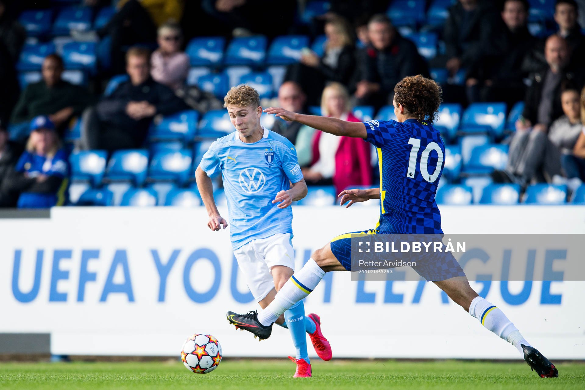 Hugo Bolin of Malmö FF and Charlie Webster of Chelsea during the UEFA Youth League match between Chelsea and Malmö FF on October 20, 2021 in London. 