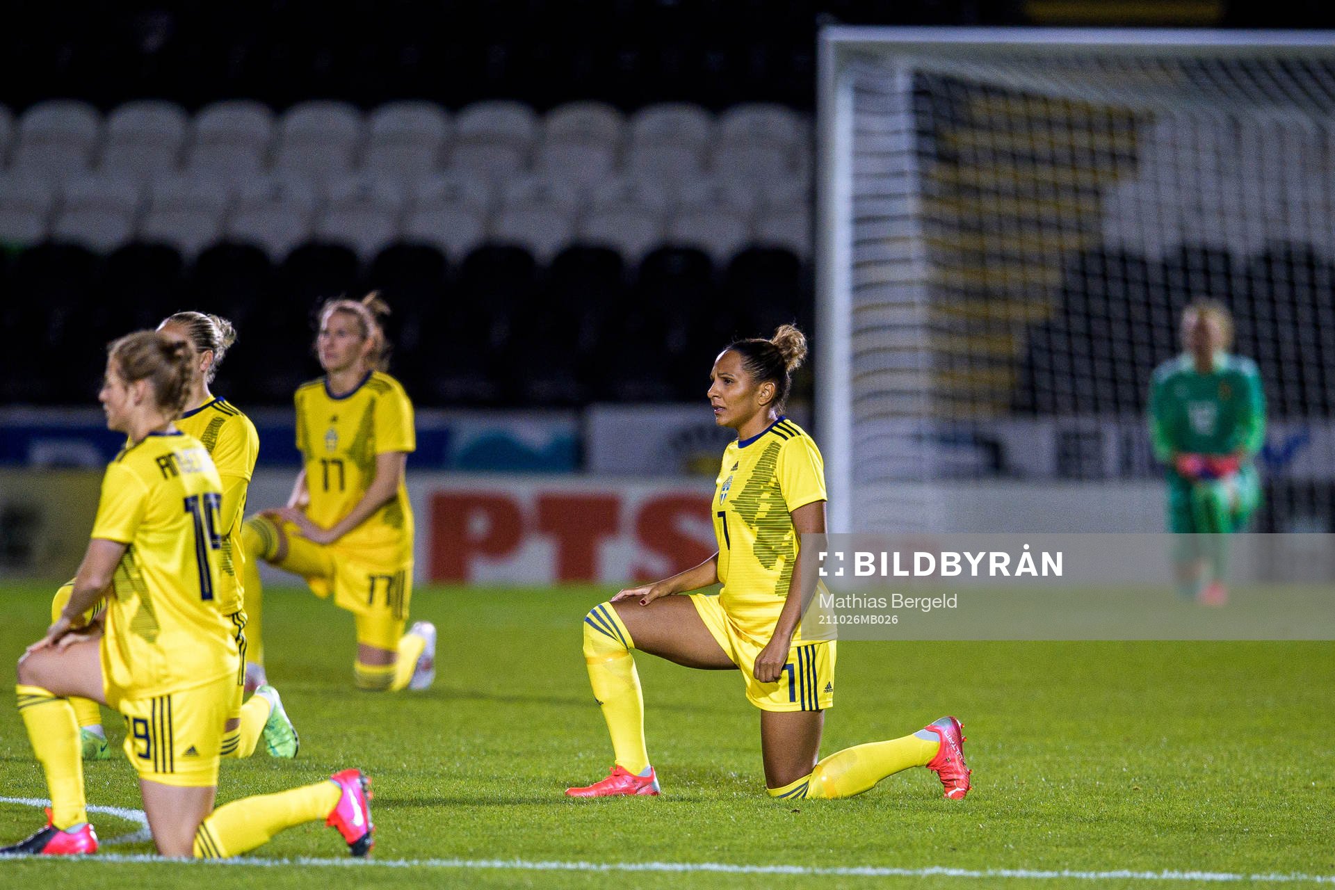 Madelen Janogy of Sweden takes a kneel
