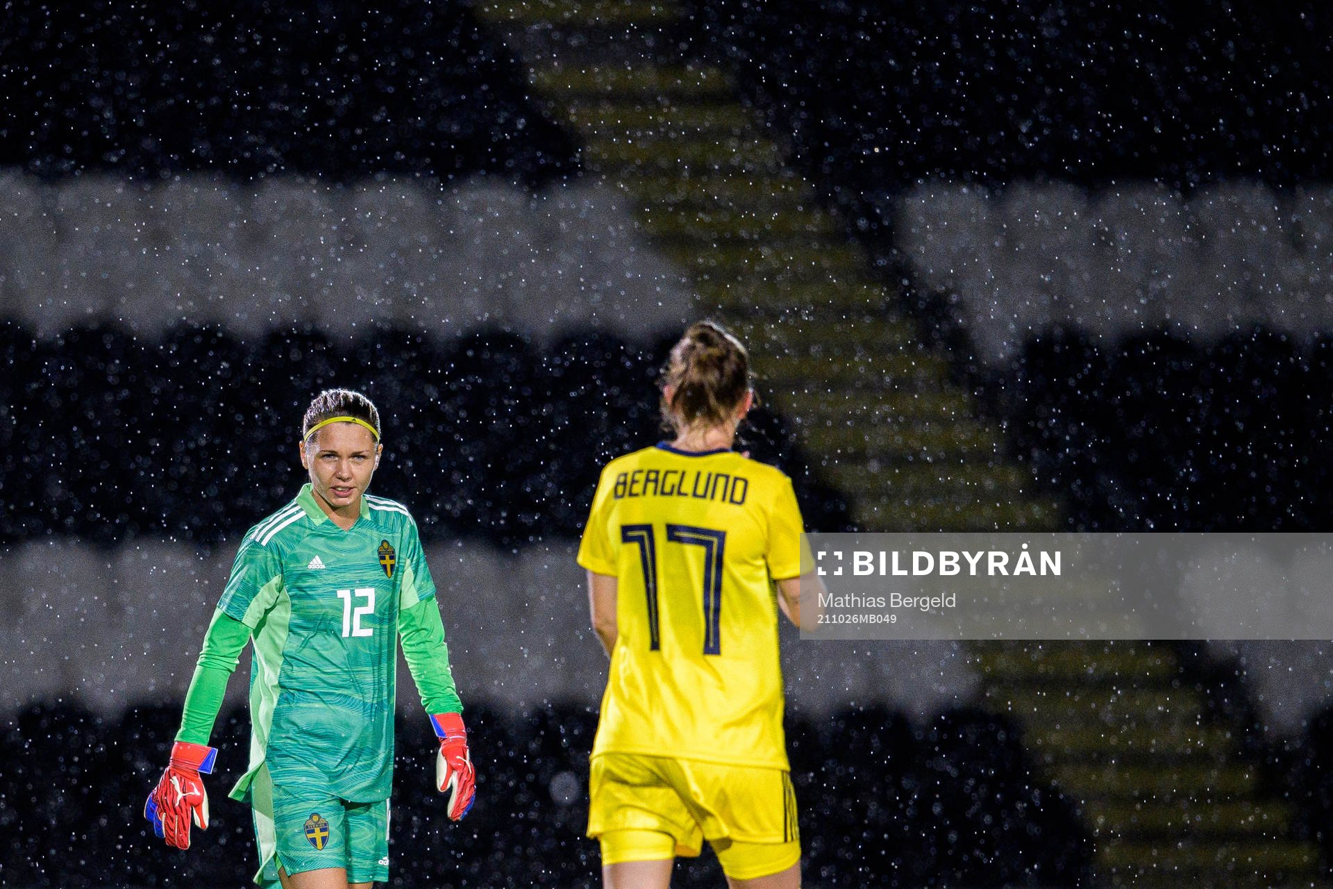 Goalkeeper Jennifer Falk and Emma Berglund of Sweden look