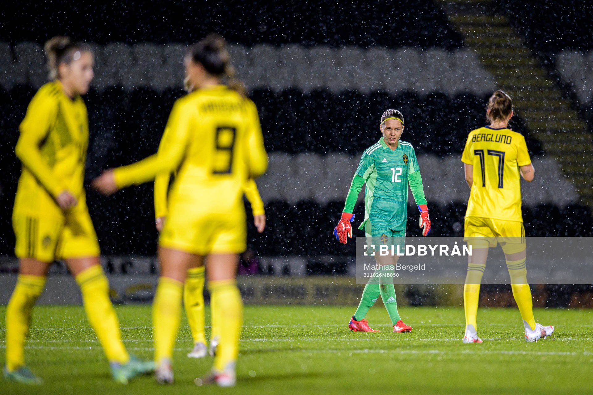 Goalkeeper Jennifer Falk and Emma Berglund of Sweden look
