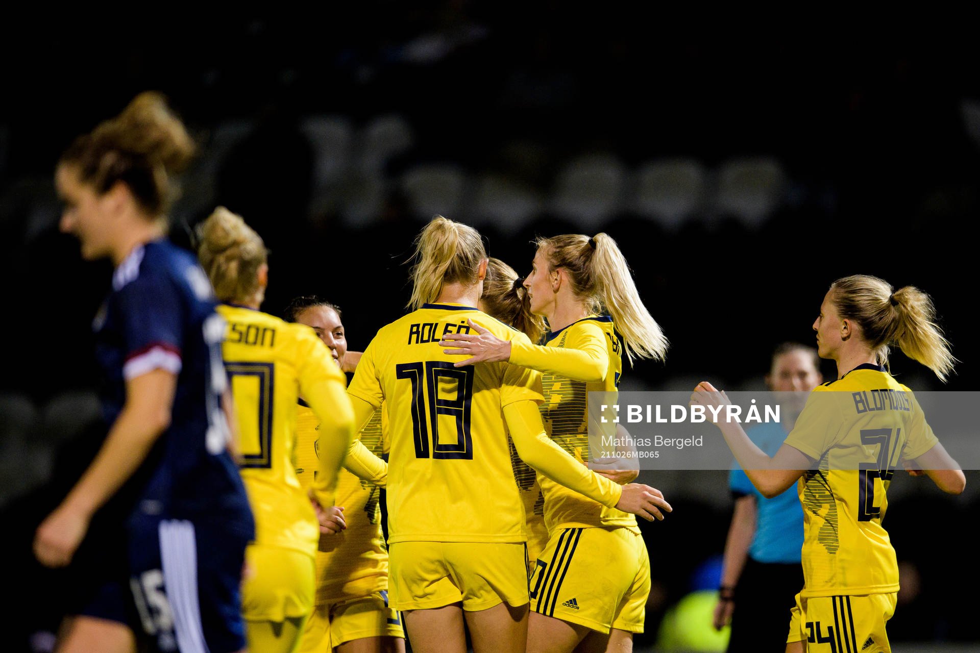 Fridolina Rolfö and Sofia Jakobsson of Sweden celebrate the 0-2 goal during the international friendly football match between Scotland and Sweden on October 26, 2021 in Paisley.