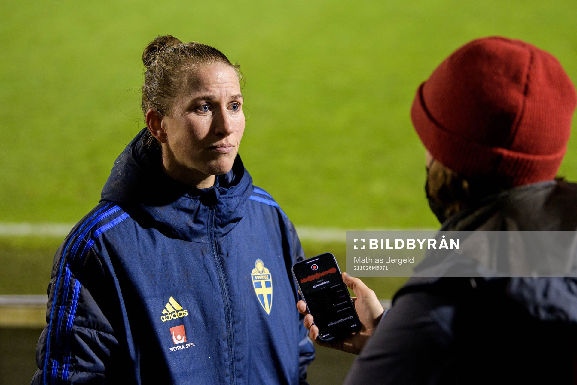 Emma Berglund of Sweden is interviewed by media