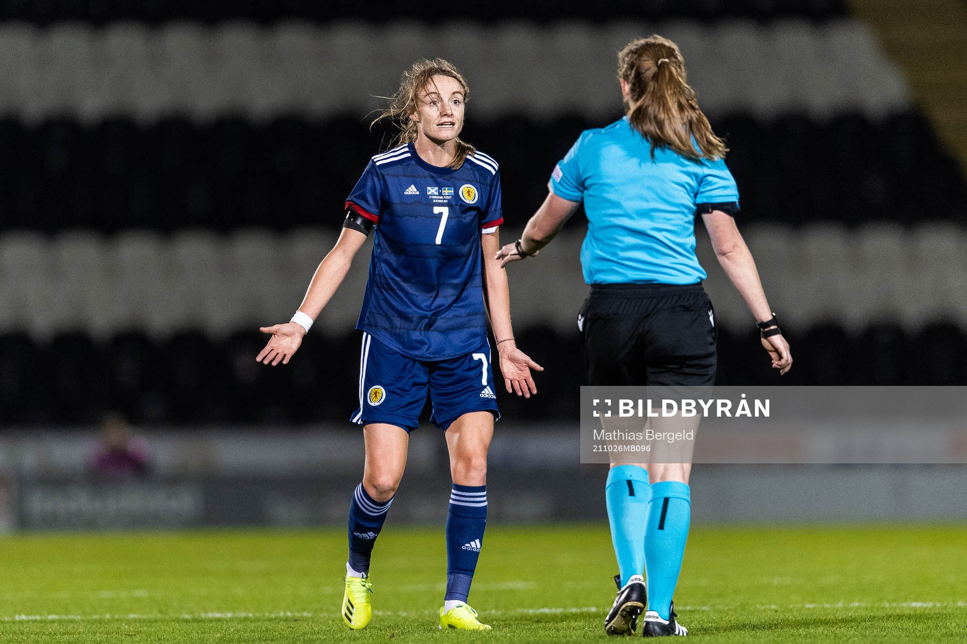 Christy Grimshaw of Scotland reacts towards referee Abigail