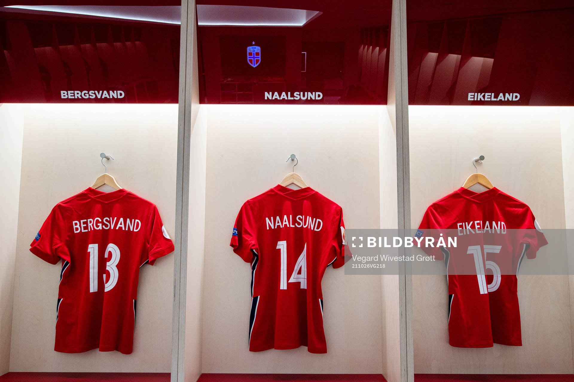 The kits of Guro Bergsvand, Lisa Fjeldstad Naalsund and Amalie Vevle Eikeland of Norway in the dressing room ahead of the FIFA Women's World Cup Qualifier football match between Norway and Belgium on October 26, 2021 in Oslo.