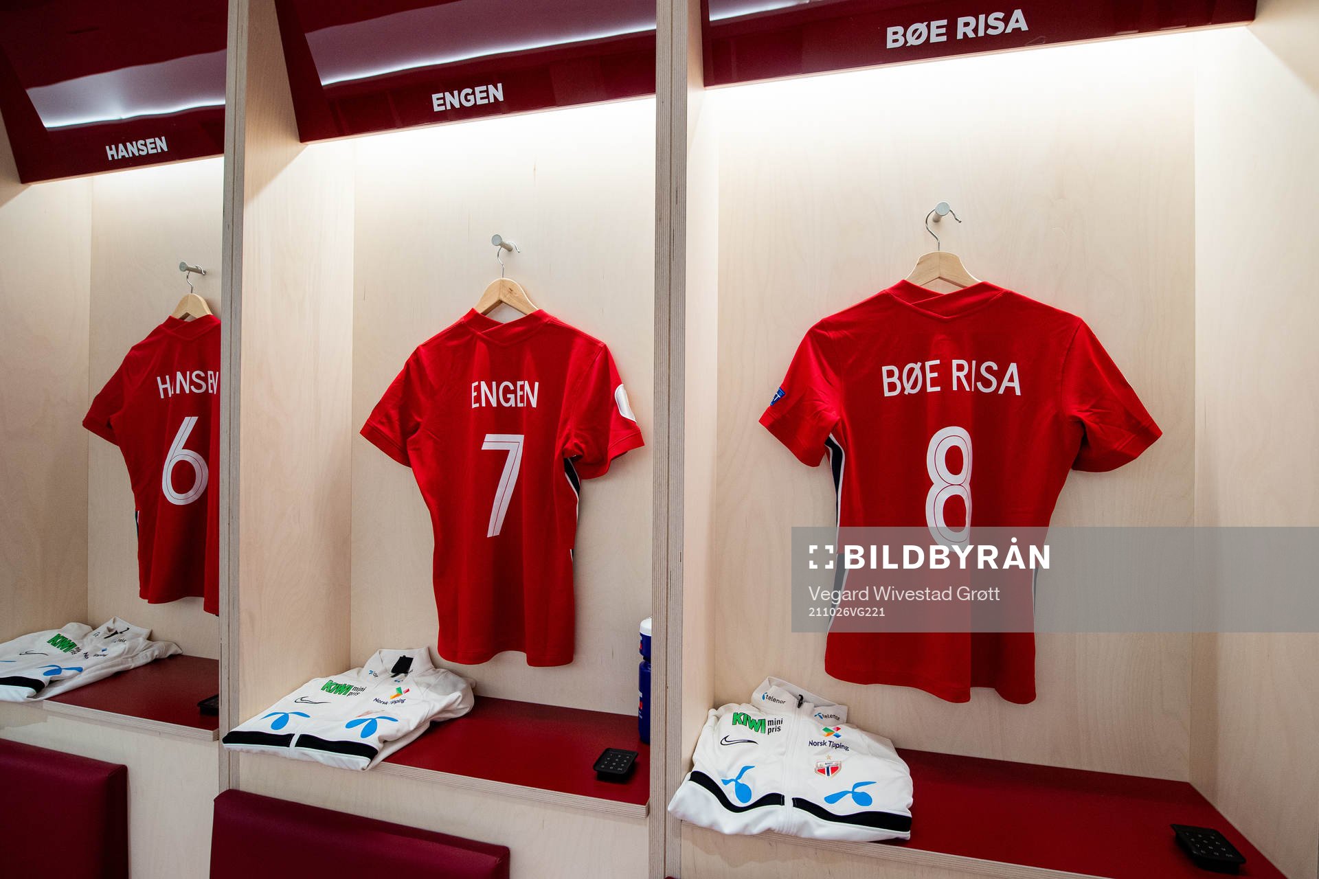 The kits of Tuva Hansen, Ingrid Syrstad Engen and Vilde Bøe Risa of Norway in the dressing room ahead of the FIFA Women's World Cup Qualifier football match between Norway and Belgium on October 26, 2021 in Oslo. 