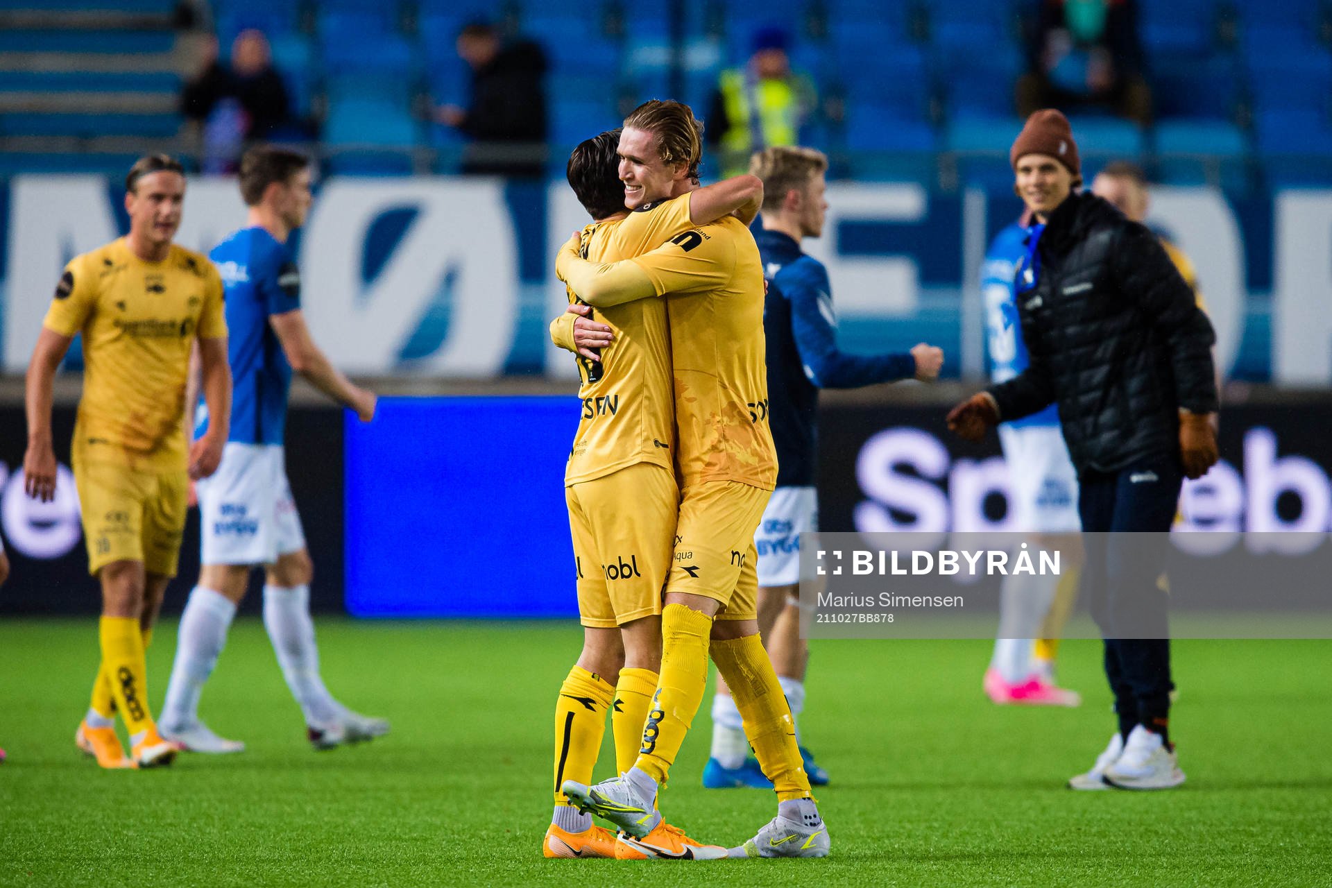Hugo Vegard Vetlesen and Ola Selvaag Solbakken of Bodø/Glimt celebrates after the Eliteserien match between Molde and Bodø/Glimt on October 27, 2021 in Molde.