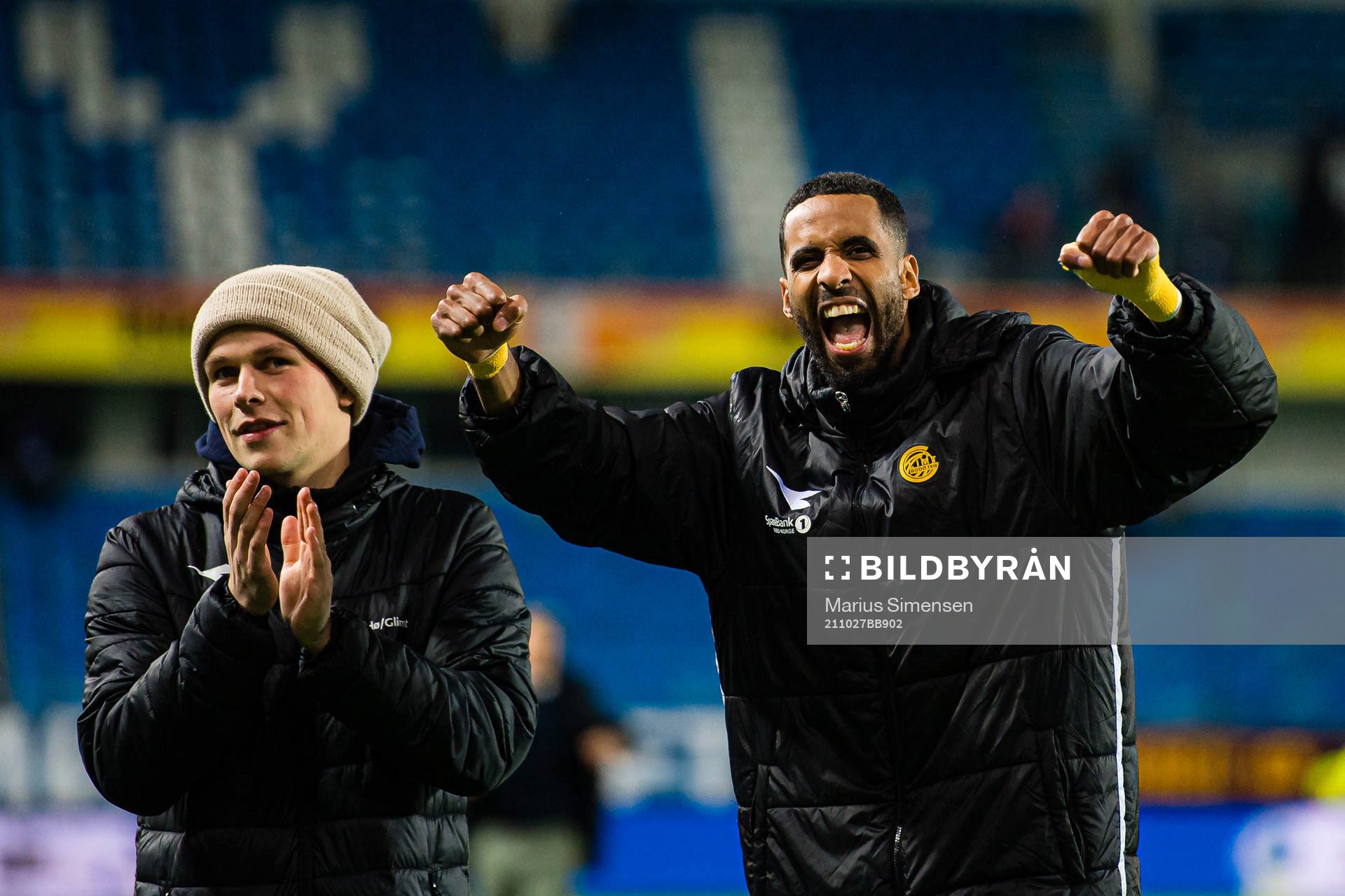 Sondre Brunstad Fet and Amahl William D'Vaz Pellegrino of Bodø/Glimt celebrates after the Eliteserien match between Molde and Bodø/Glimt on October 27, 2021 in Molde.
