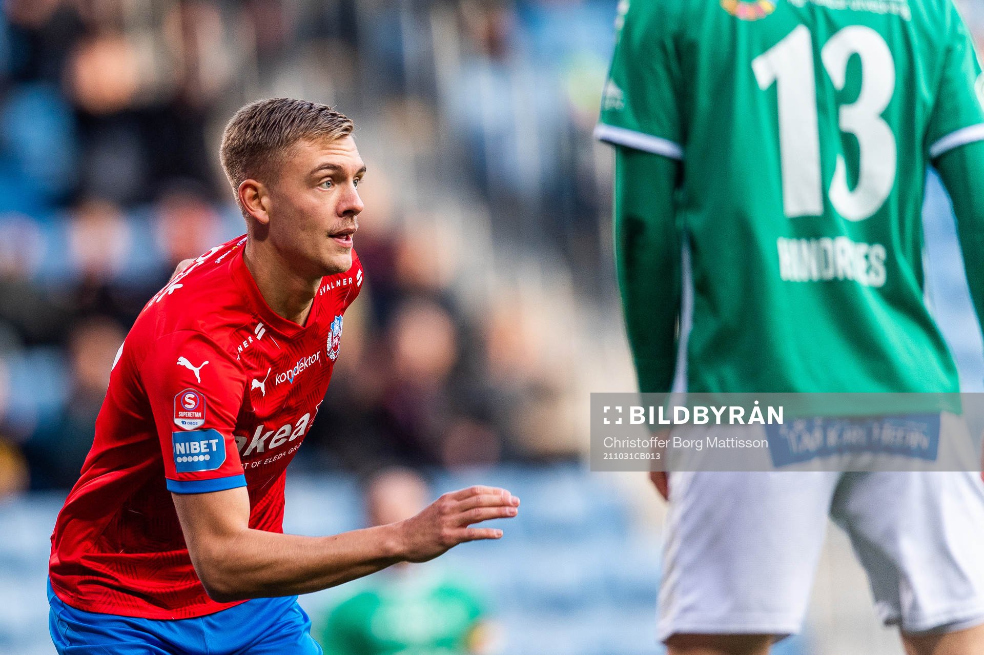 Helsingborgs Dennis Olsson jublar efter att han gjort 1-0 under fotbollsmatchen i Superettan mellan Helsingborg och Brage den 31 oktober 2021 i Helsingborg. 