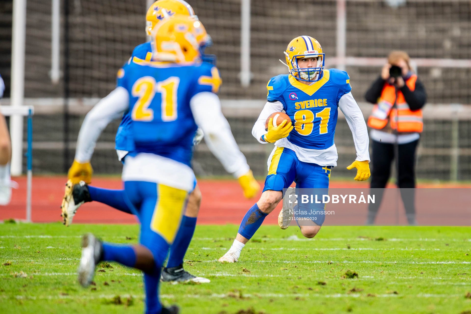 Sveriges Mattias Gauthier under EM-finalen i amerikansk fotboll mellan Sverige och Italien den 31 oktober 2021 i Malmö. 