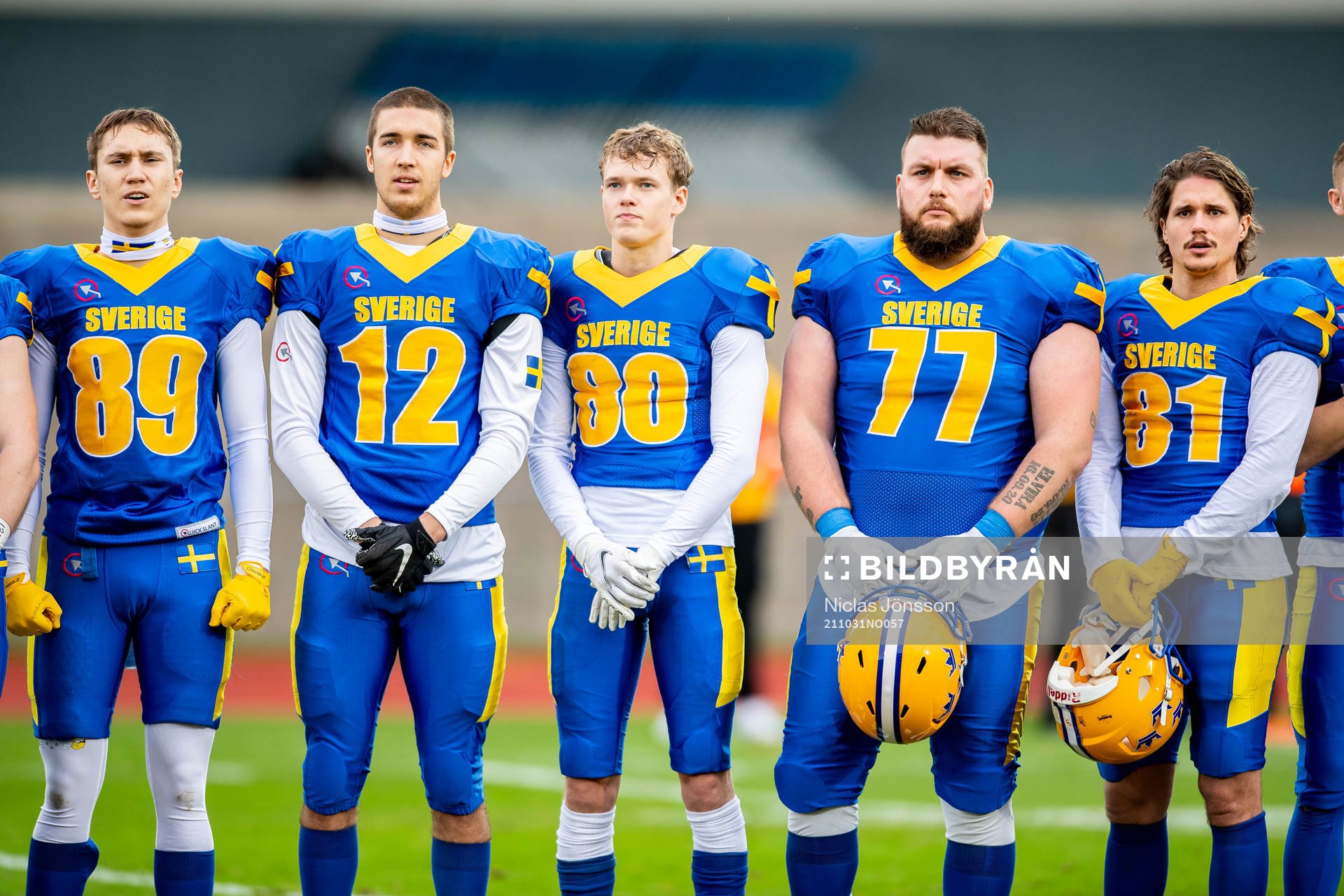 Sveriges Bartoscz Wozniak, Victor Garcia Blombäck, Johannes Lindeus, Robin Svallin, Mattias Gauthier inför EM-finalen i amerikansk fotboll mellan Sverige och Italien den 31 oktober 2021 i Malmö.