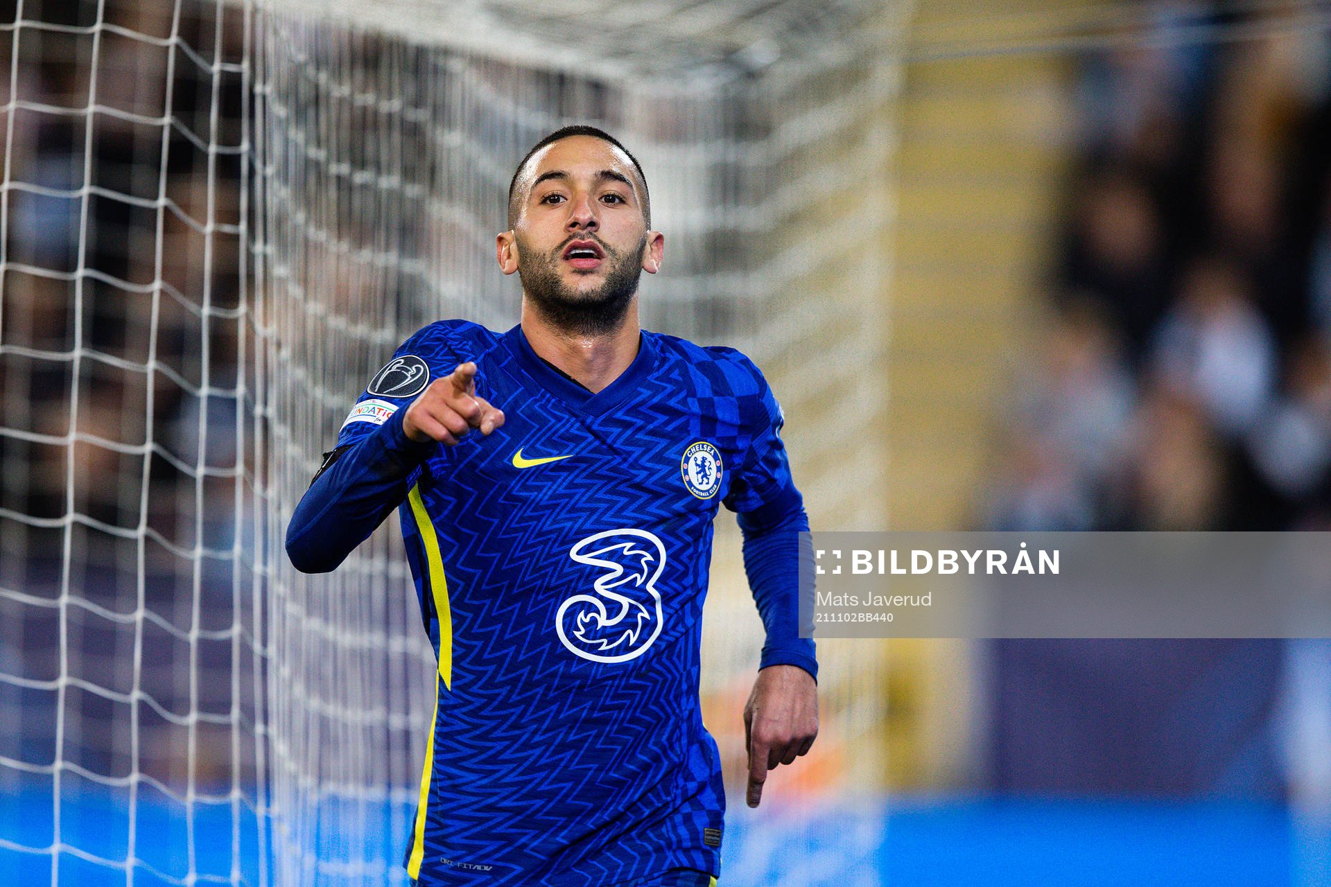 Hakim Ziyech of Chelsea celebrates scoring 0-1 during the UEFA Champions League football match between Malmö FF and Chelsea on November 2, 2021 in Malmö.