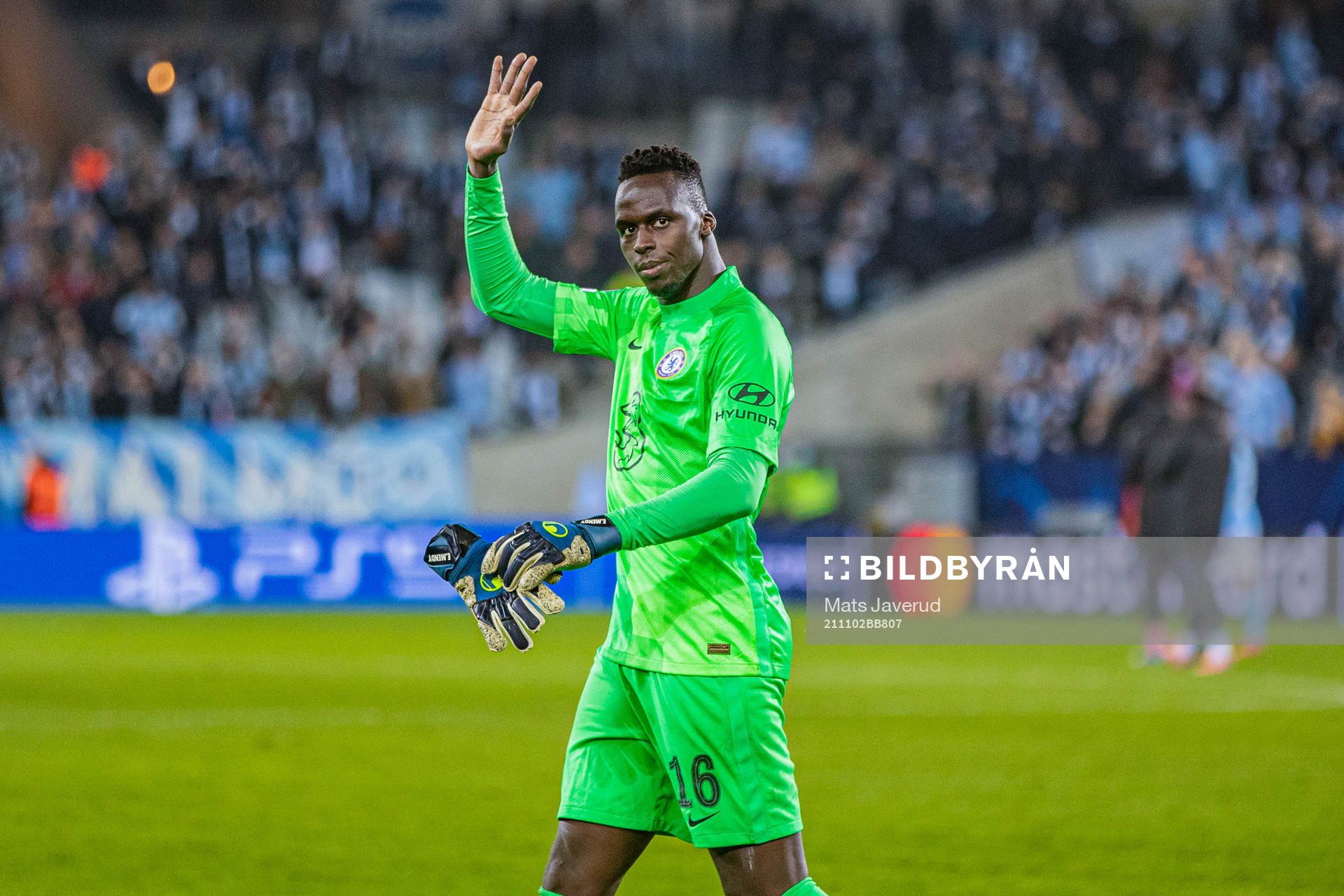 goalkeeper Edouard Mendy of Chelsea thanks supporters