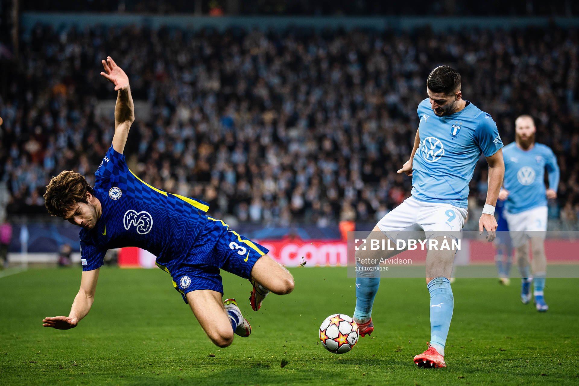 Marcos Alonso of Chelsea and Antonio Colak of Malmö FF