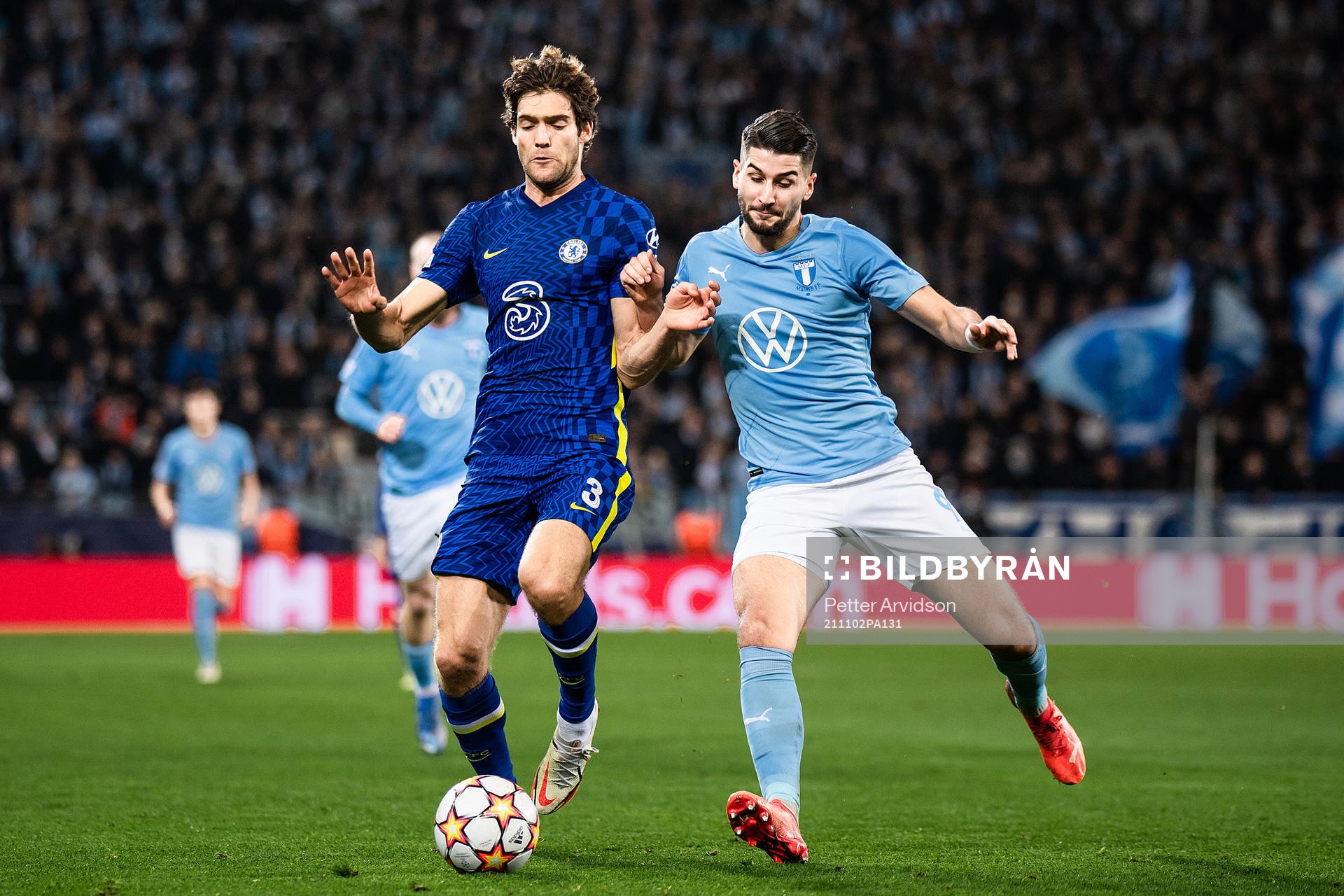 Marcos Alonso of Chelsea and Antonio Colak of Malmö FF