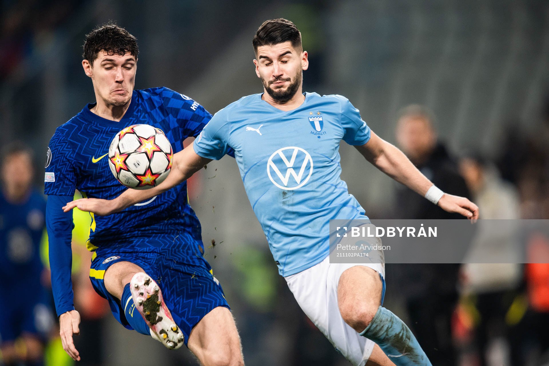 Andreas Christensen of Chelsea and Antonio Colak of Malmö FF during the UEFA Champions League football match between Malmö FF and Chelsea on November 2, 2021 in Malmö.