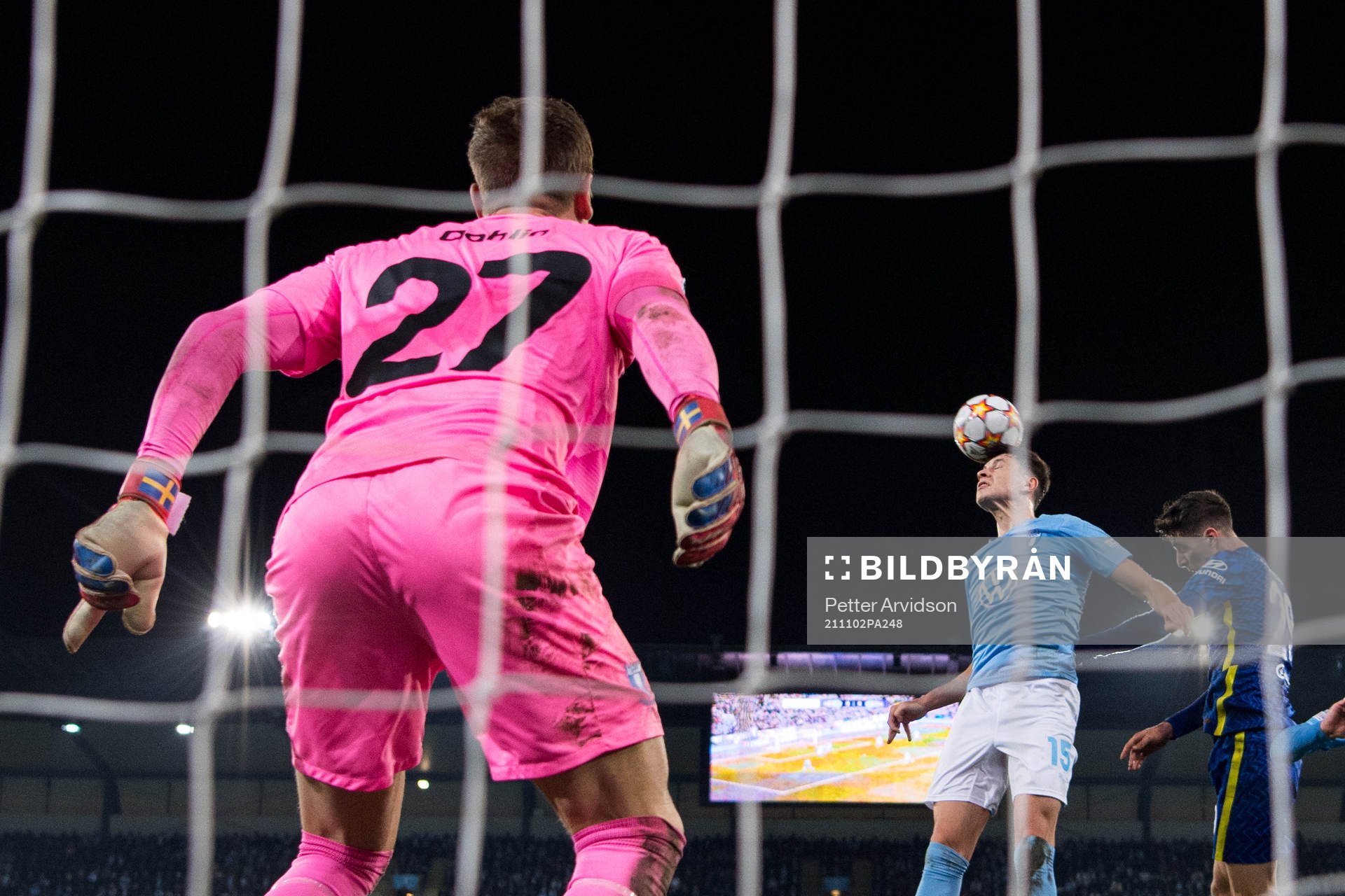 Goalkeeper Johan Dahlin and Anel Ahmedhodzic of Malmö FF