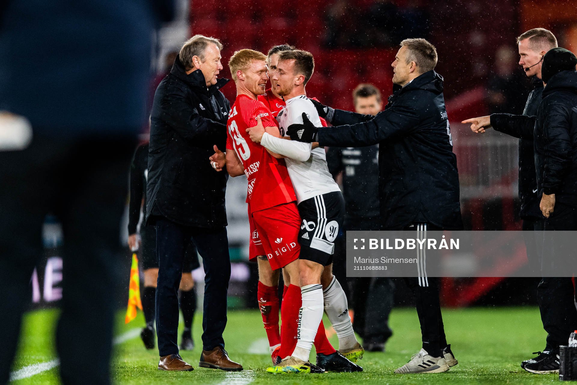 Åge Hareide, head coach of Rosenborg, tries to separate