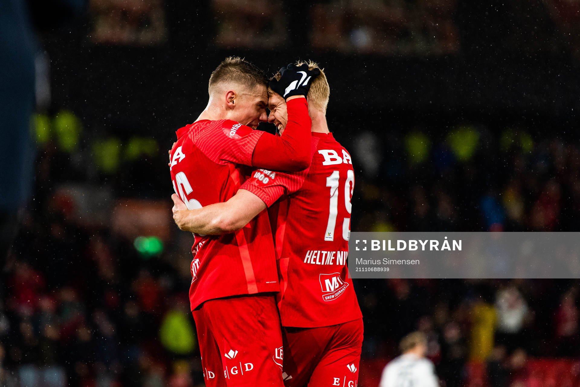 Robert Taylor and Sivert Heltne Nilsen of Brann celebrate